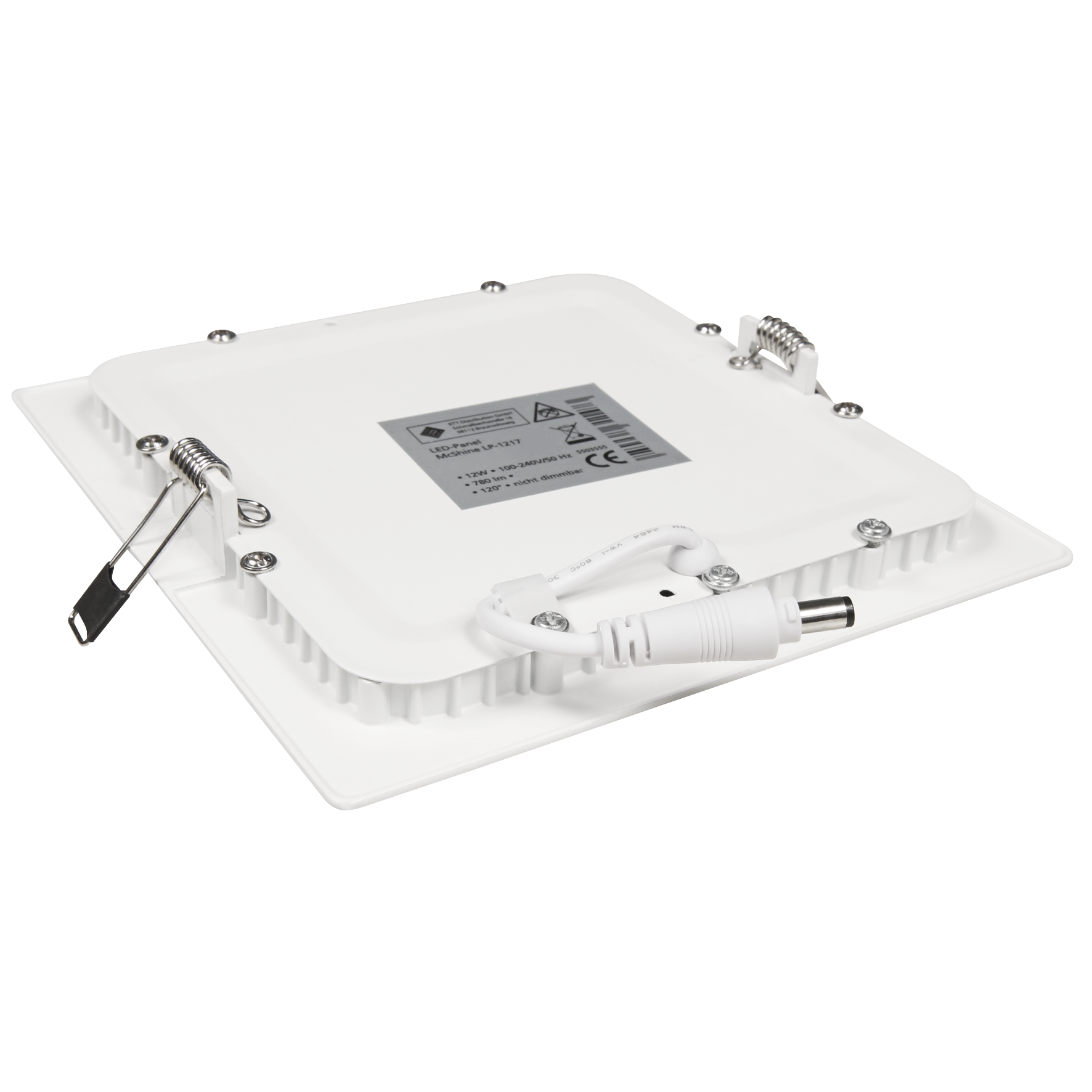 Weißes LED-Panel mit weißem Kabel und Stecker. Die Rückseite des Panels ist abgebildet.