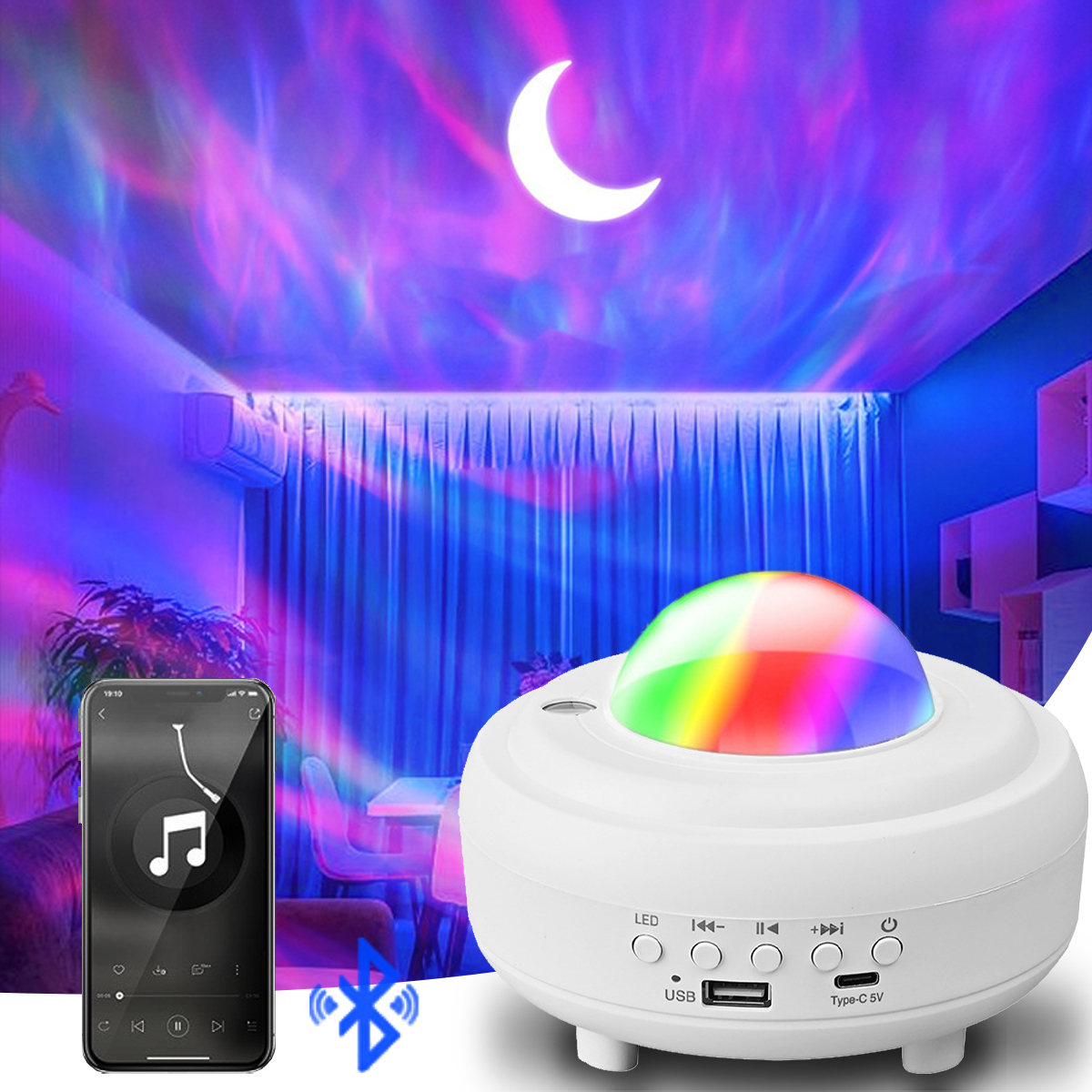 Weißer Projektor, der farbenfrohe Lichtmuster in einem Raum mit Mond und Vorhängen zeigt.