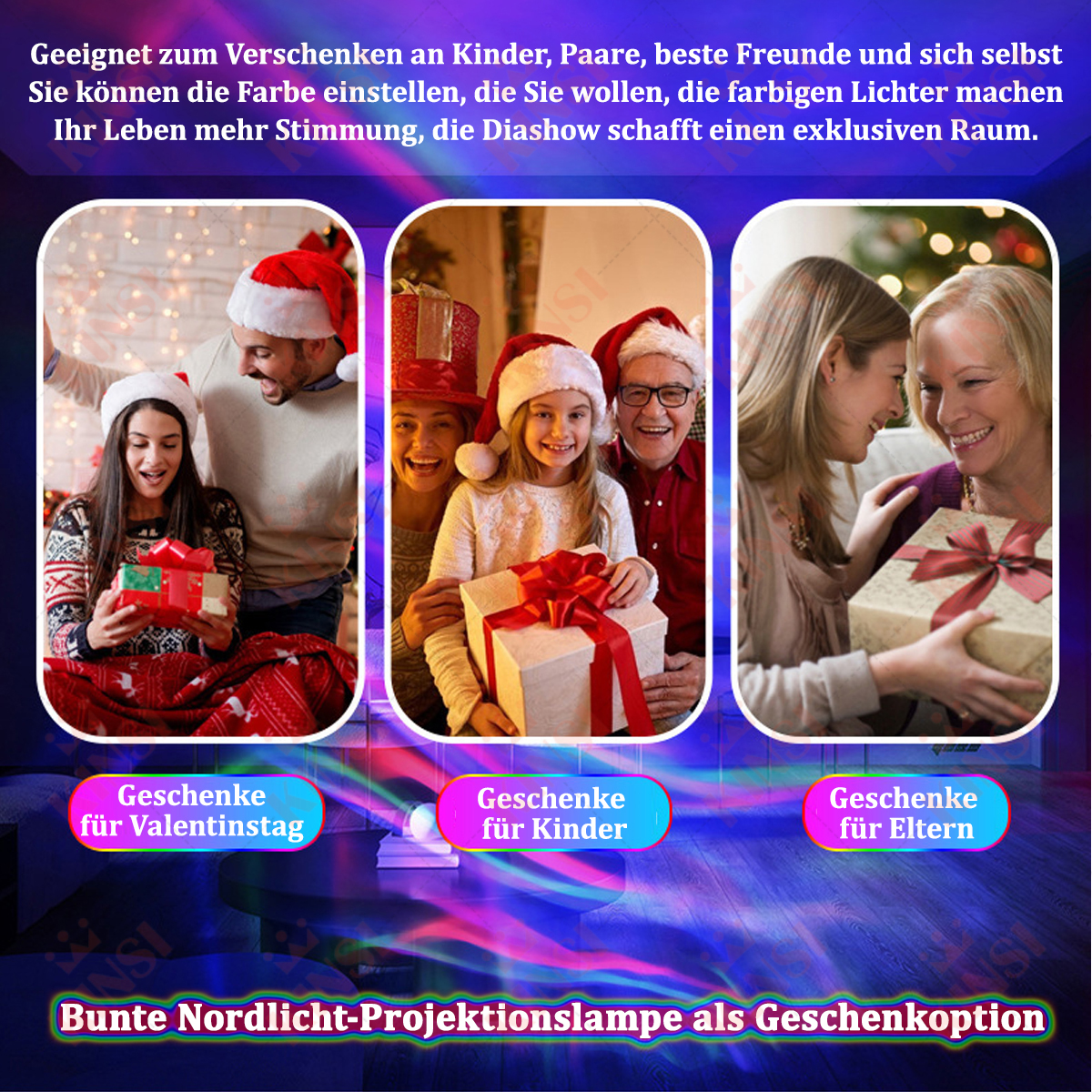 Drei Fotos: Geschenke für Valentinstag, Kinder und Eltern. Eine Projektionslampe erzeugt eine farbenfrohe Szene.