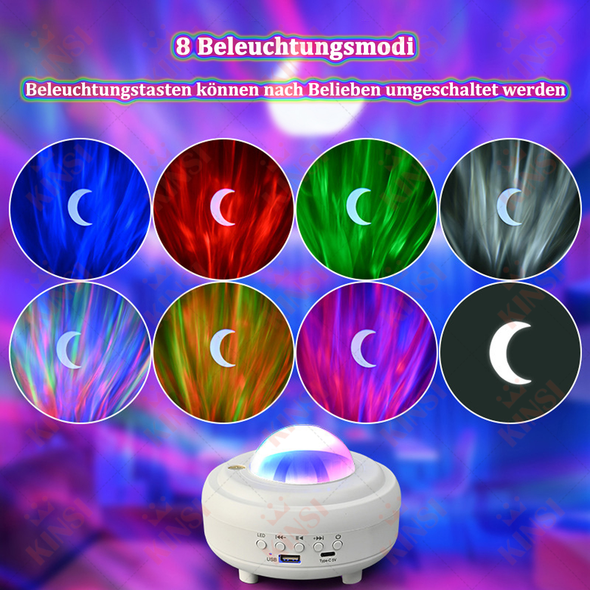 Weißer Projektor mit farbenfrohen Lichtmodi. Das Bild zeigt verschiedene farbenfrohe Lichtmuster. Weißer Hintergrund.