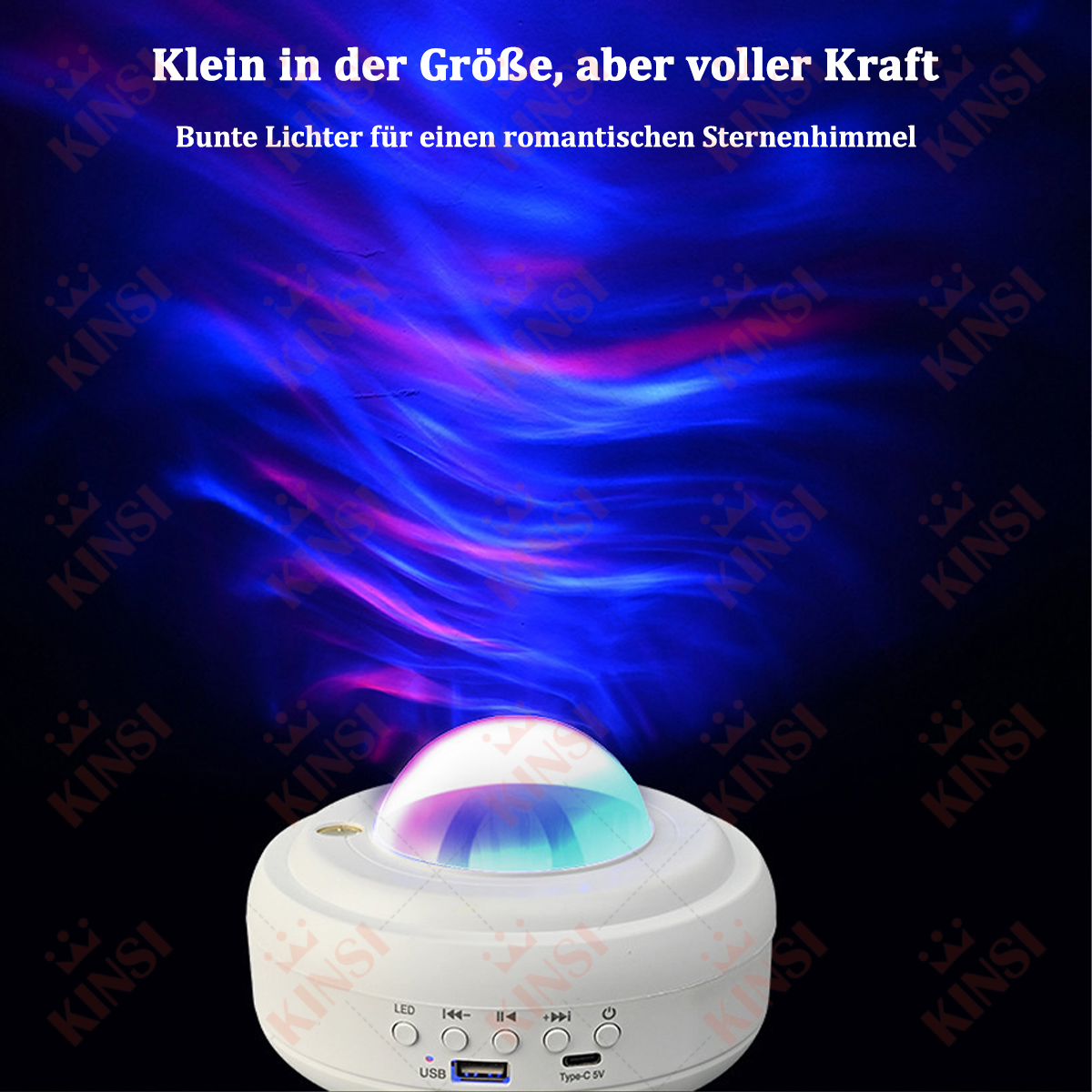 Ein kleiner weißer Projektor, der einen Sternenhimmel auf blauem Hintergrund projiziert.