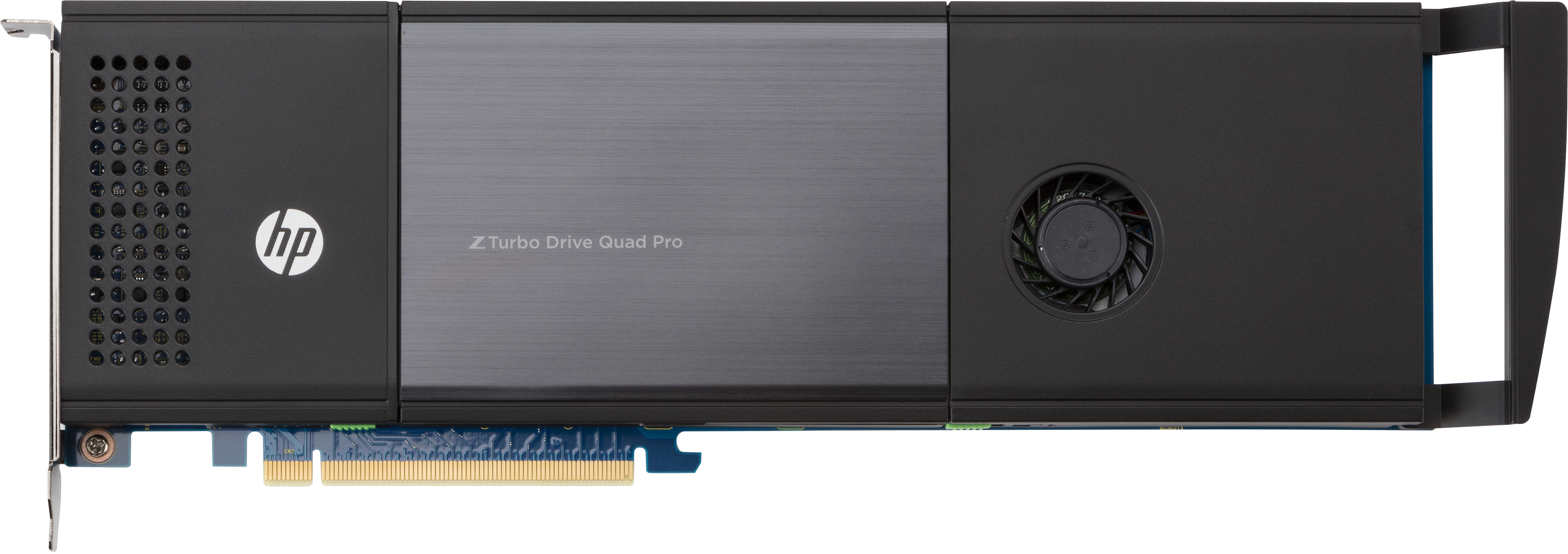 Un HP Z Turbo Drive Quad Pro nero. Ha una ventola e il logo HP, è un componente del computer.