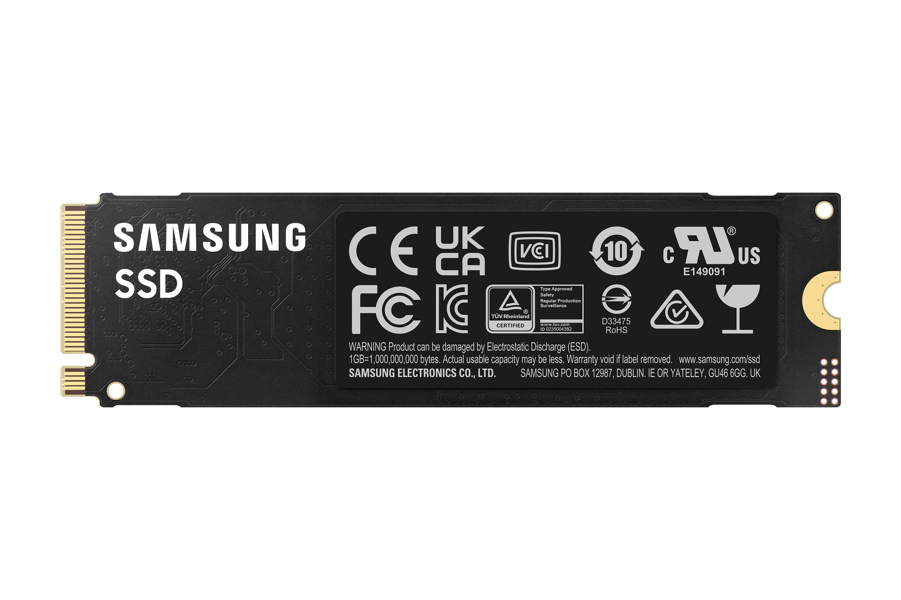 Un SSD Samsung nero con etichette e testo. L'unità è rettangolare con testo bianco.