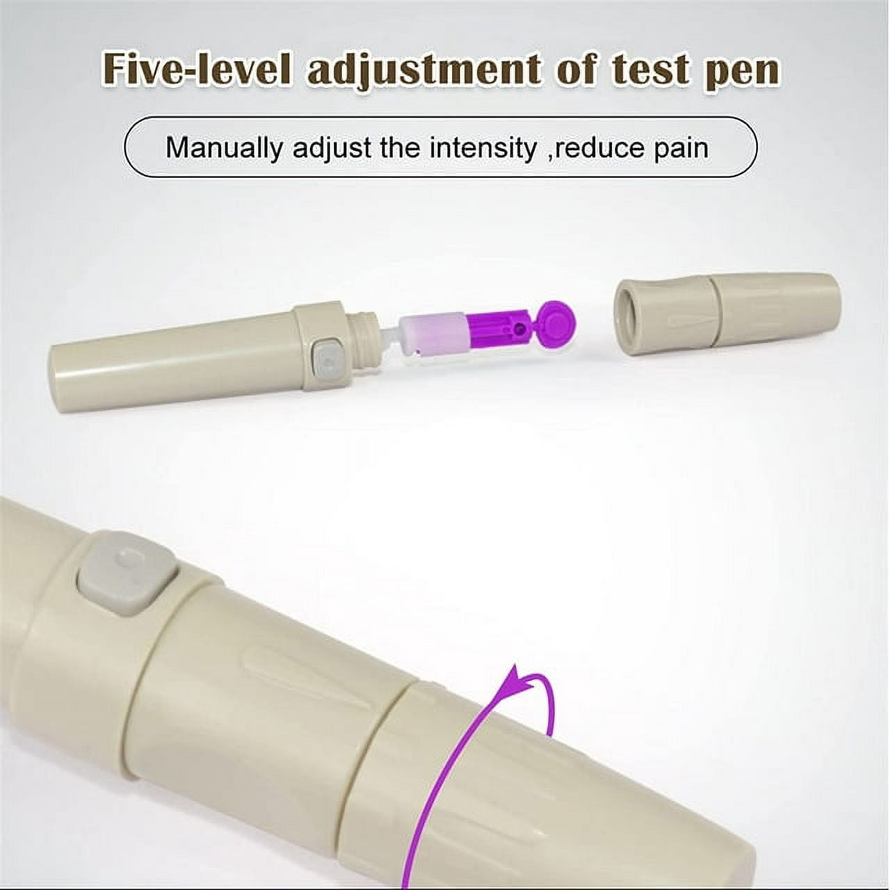 Teststift mit getrennten Teilen. Der Stift ist beige und hat einen lila-weißen Mechanismus im Inneren.