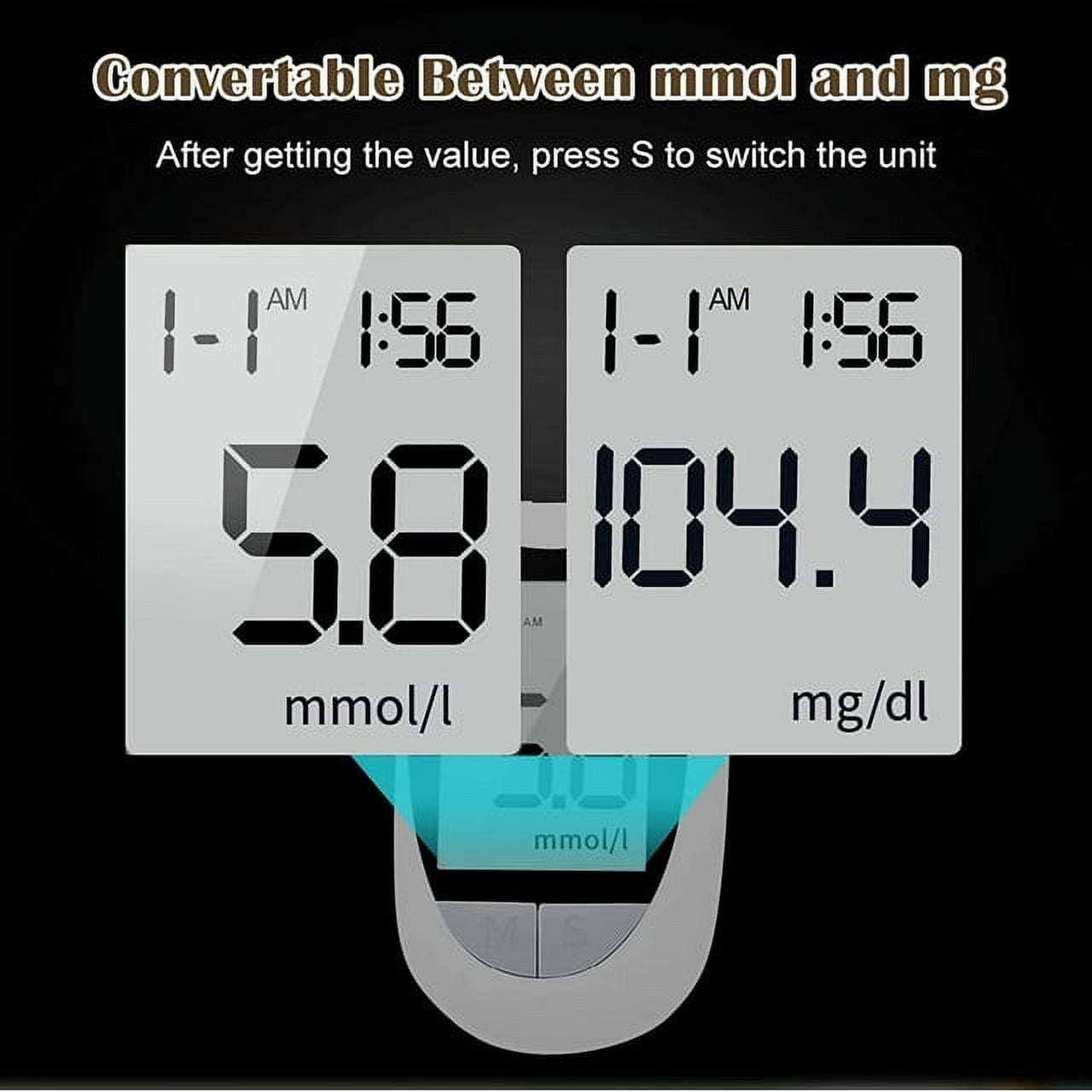 Digitalanzeige mit Blutzuckerwerten in mmol/l und mg/dl, mit AM-Zeit.
