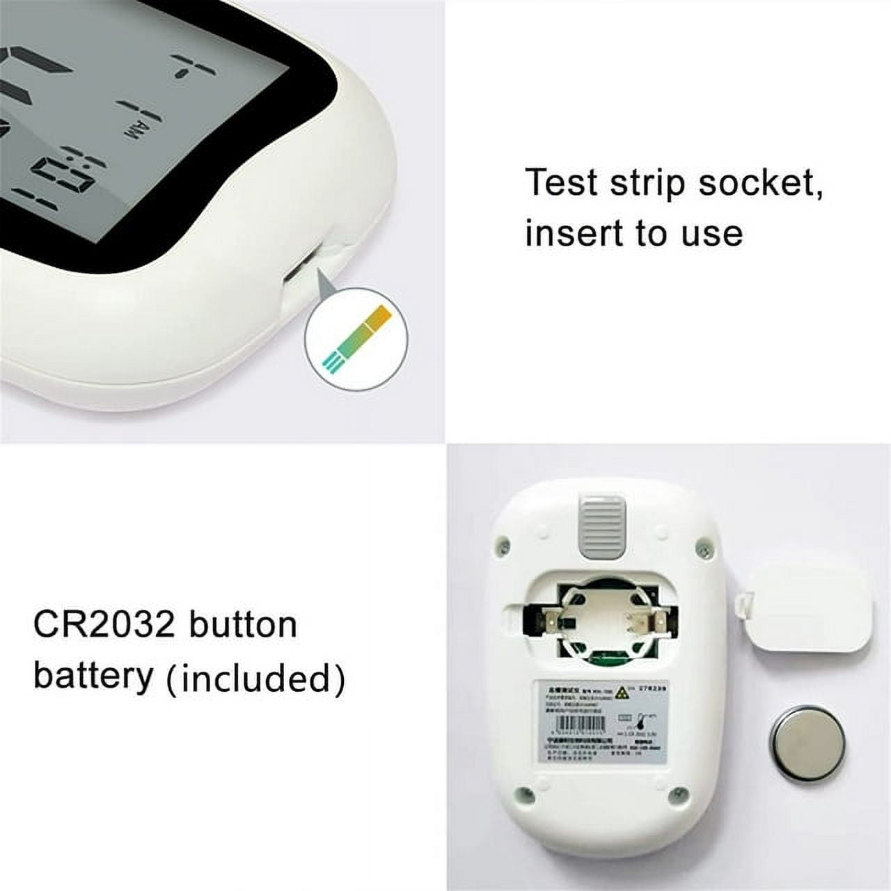 Nahaufnahme eines Blutzuckermessgeräts und seiner Komponenten, Batterie- und Teststreifenzugang.