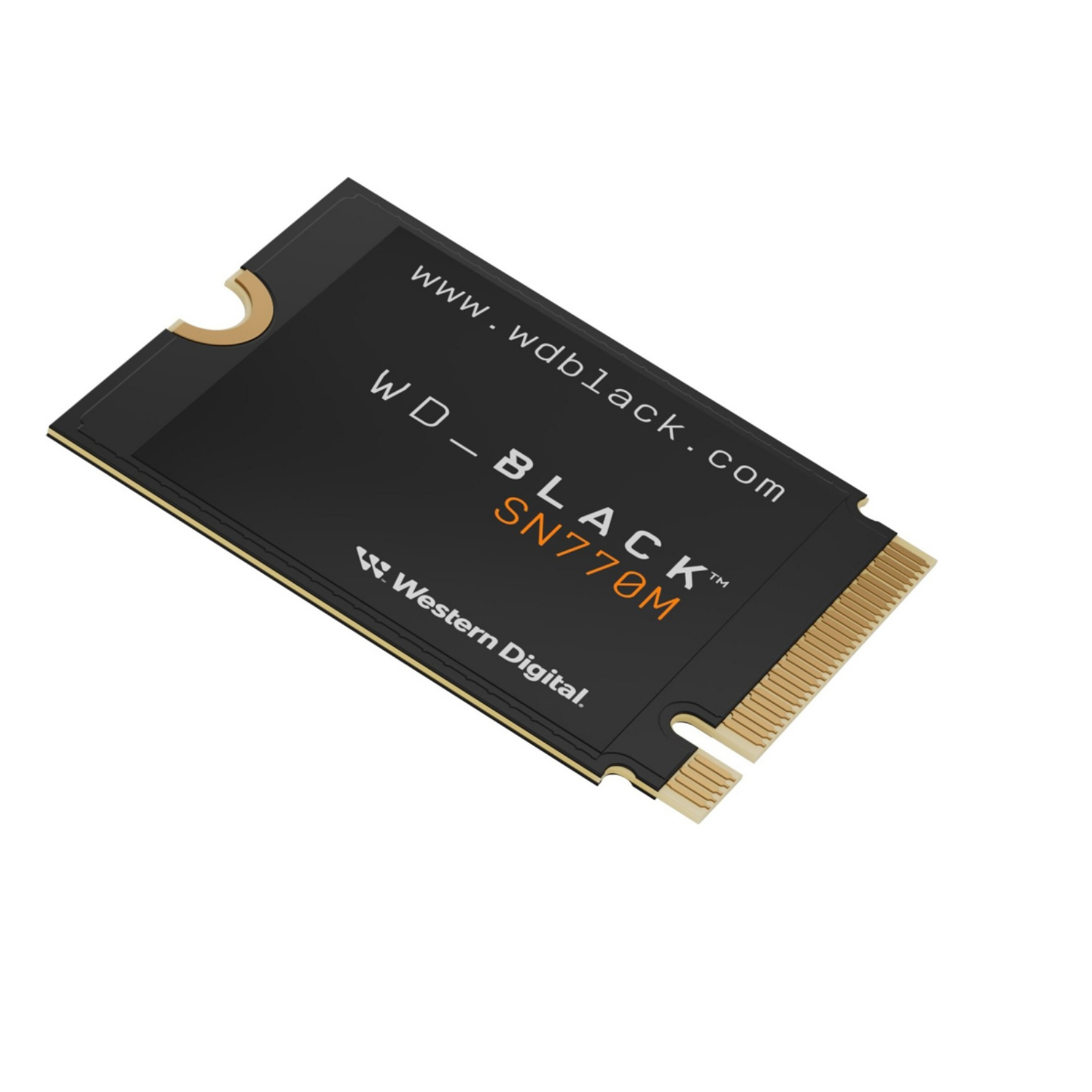 Czarny dysk SSD WD_BLACK SN770M, z logo WD i adresem strony na białym tle.