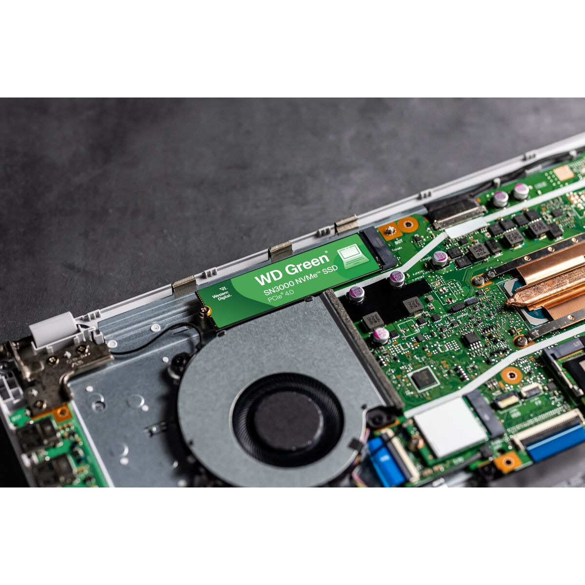 Płyta główna komputera z zainstalowanym dyskiem SSD WD Green SN3000 NVMe.