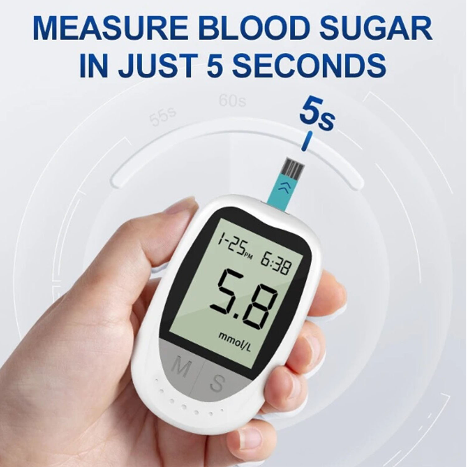 Hand hält ein Blutzuckermessgerät, das 5,8 mmol/L anzeigt, mit Text: Blutzucker in 5 Sekunden messen.
