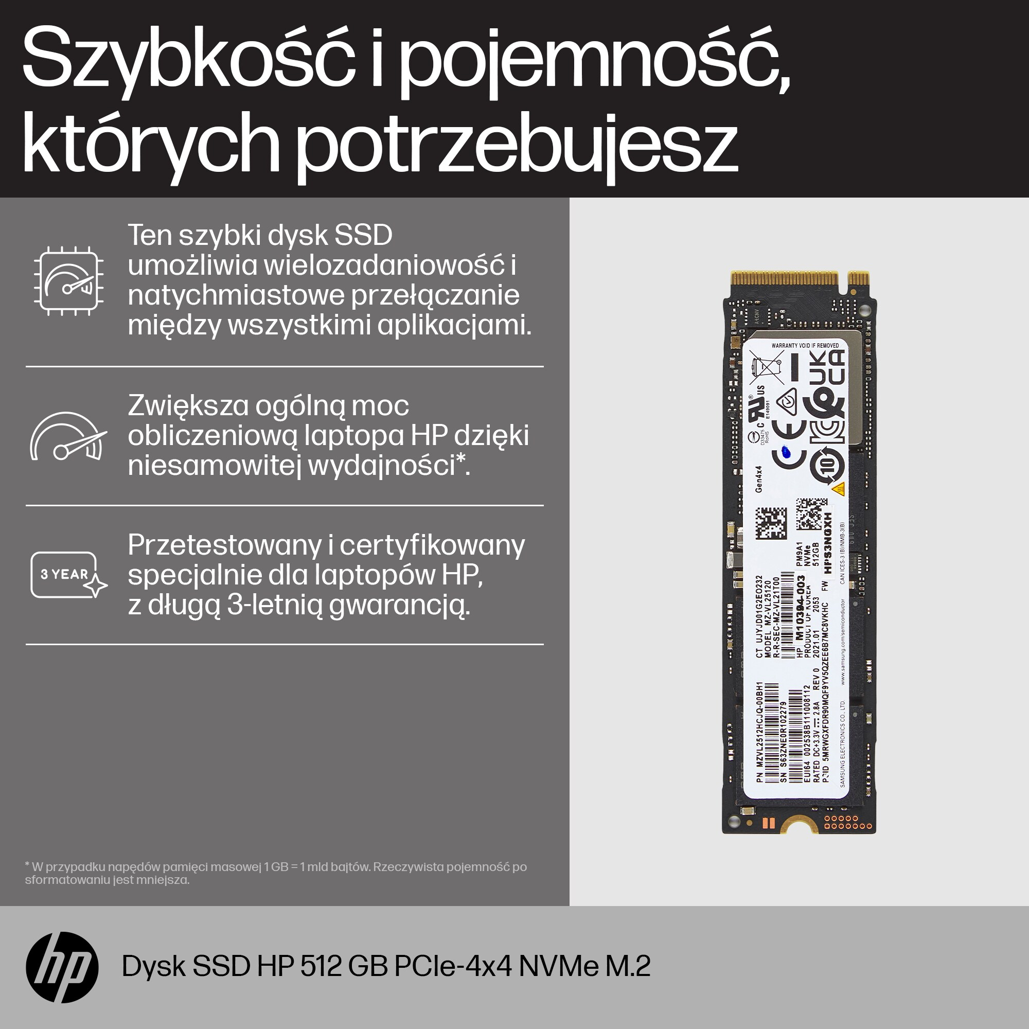 Dysk SSD na białym tle z tekstem po polsku.