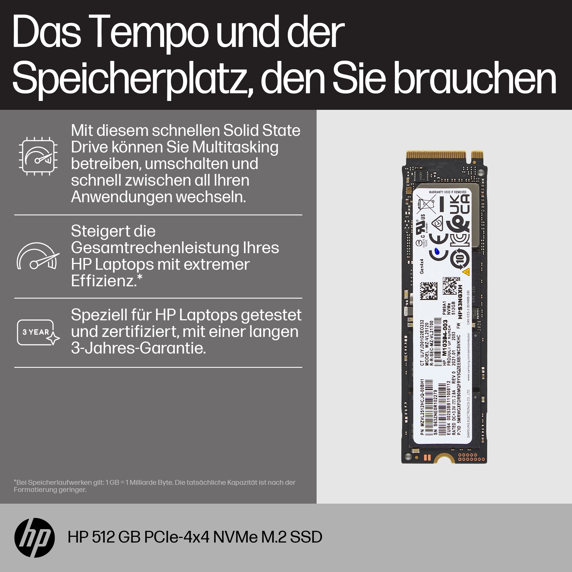 Dysk SSD HP M.2 z opakowaniem, tekstem i pieczęcią gwarancyjną na 3 lata.