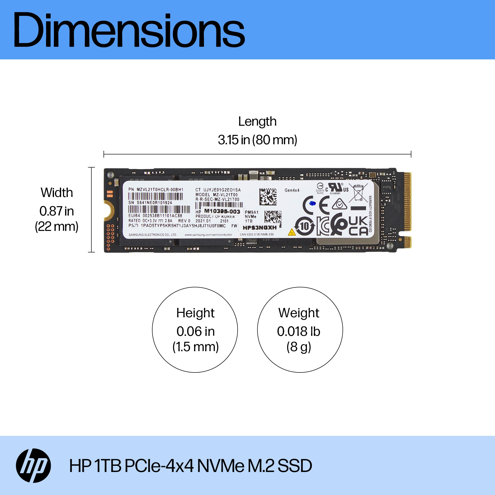 Dysk SSD z wymiarami w calach i milimetrach z tekstem.