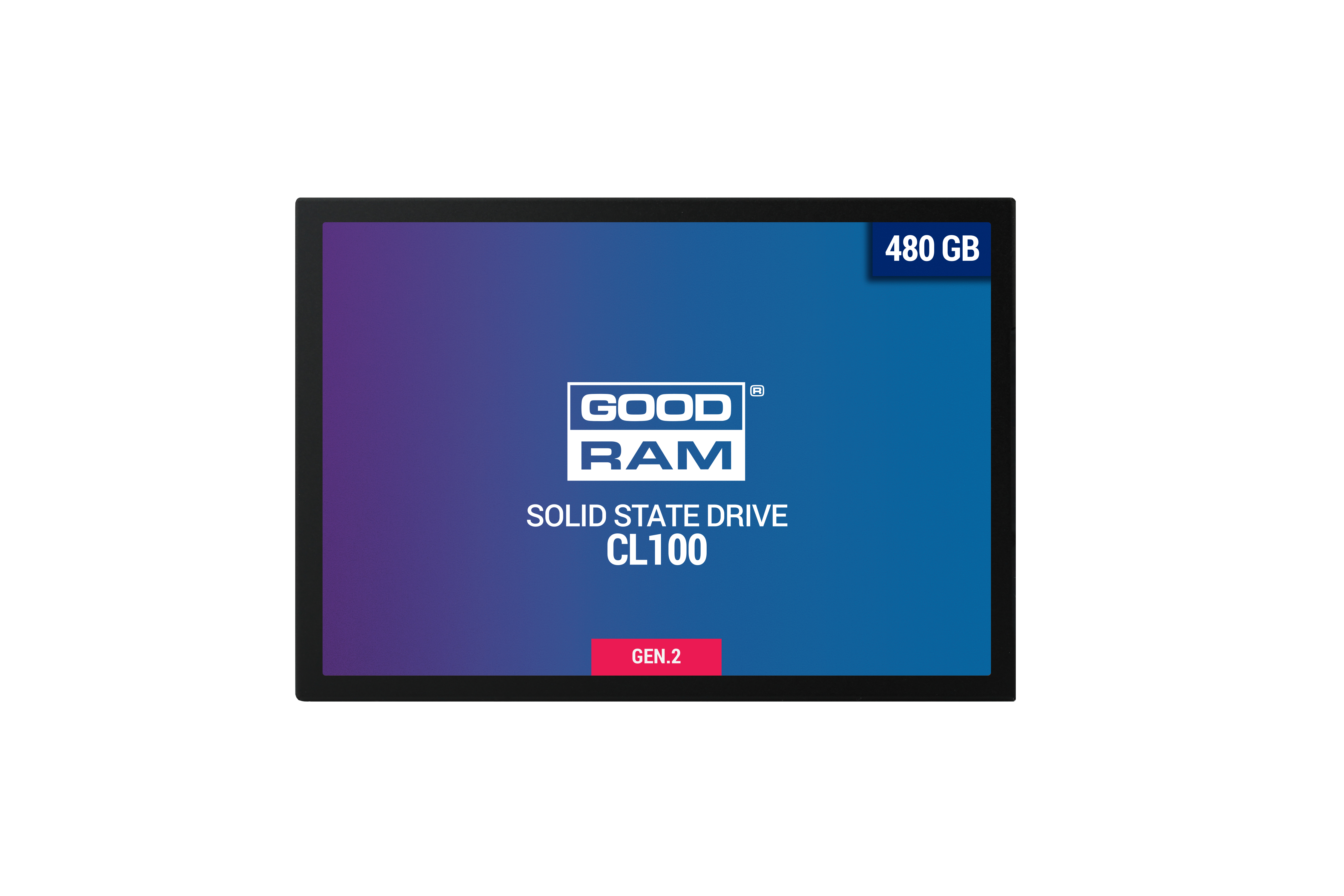 Una unidad SSD negra con un degradado azul y morado. Tiene 'GOODRAM' y '480 GB'.