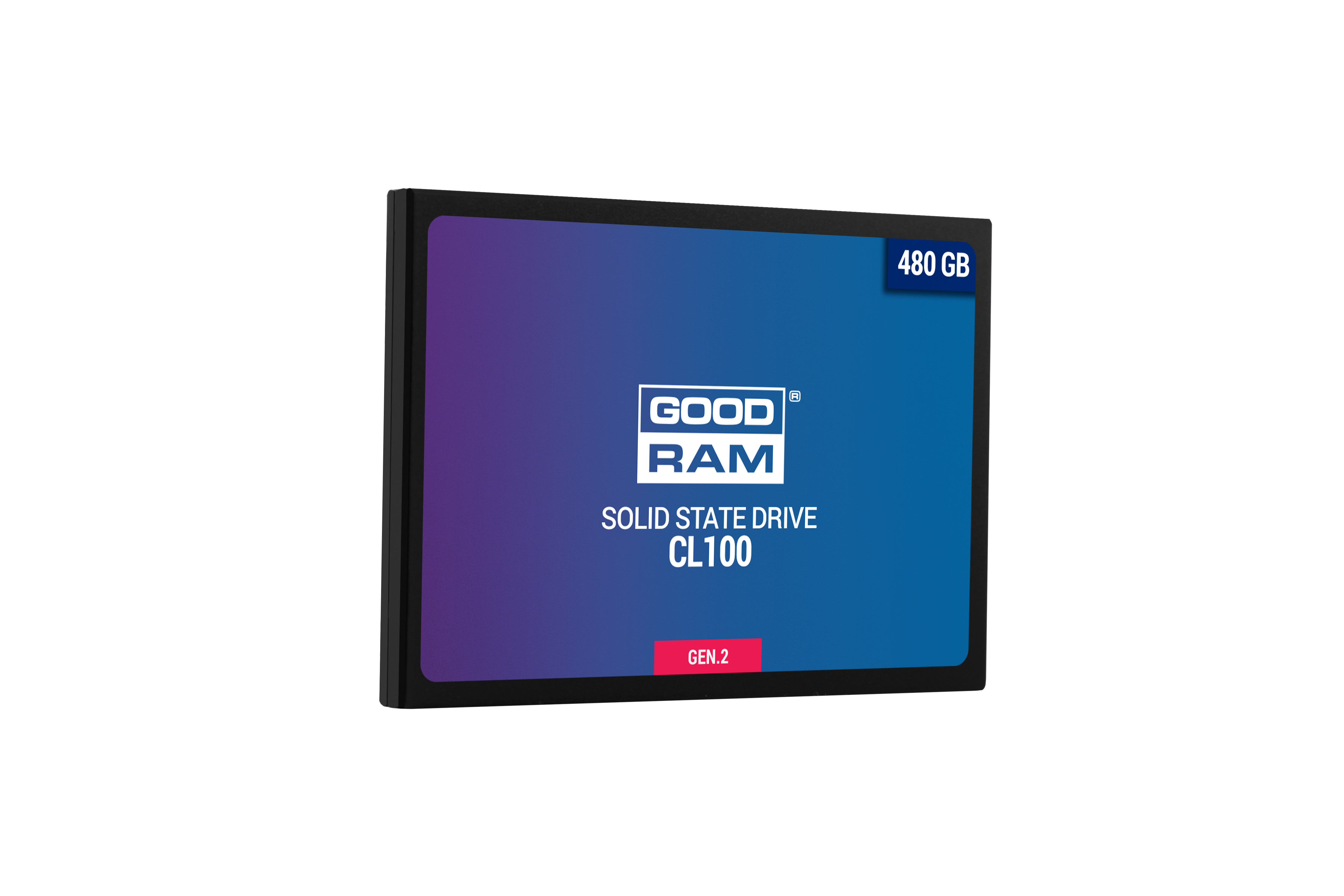 SSD Goodram, negro y azul, logo blanco, aislado sobre fondo blanco.