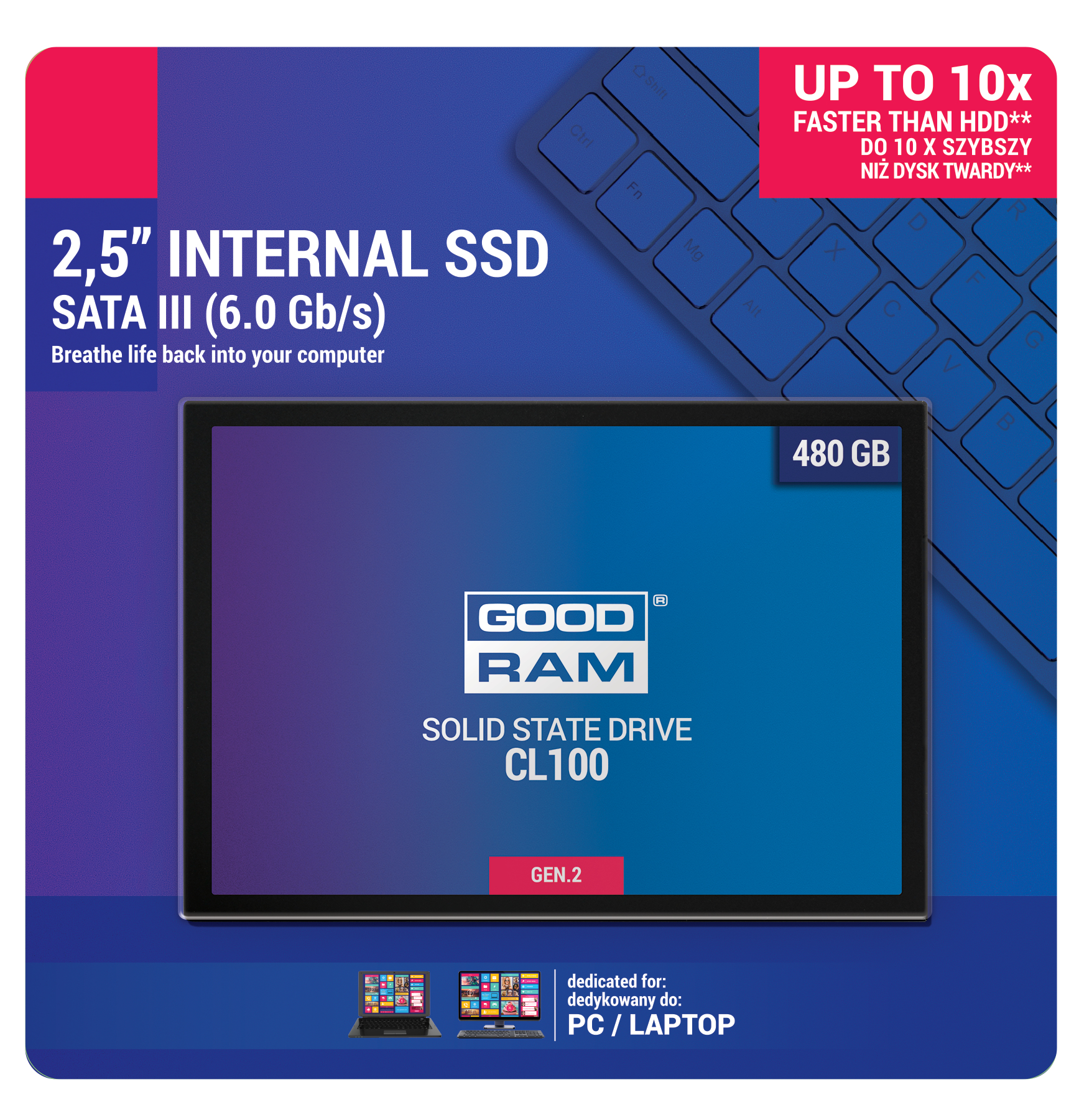 Una pantalla de computadora que muestra una unidad SSD GoodRam de 480 GB con un teclado en el fondo.