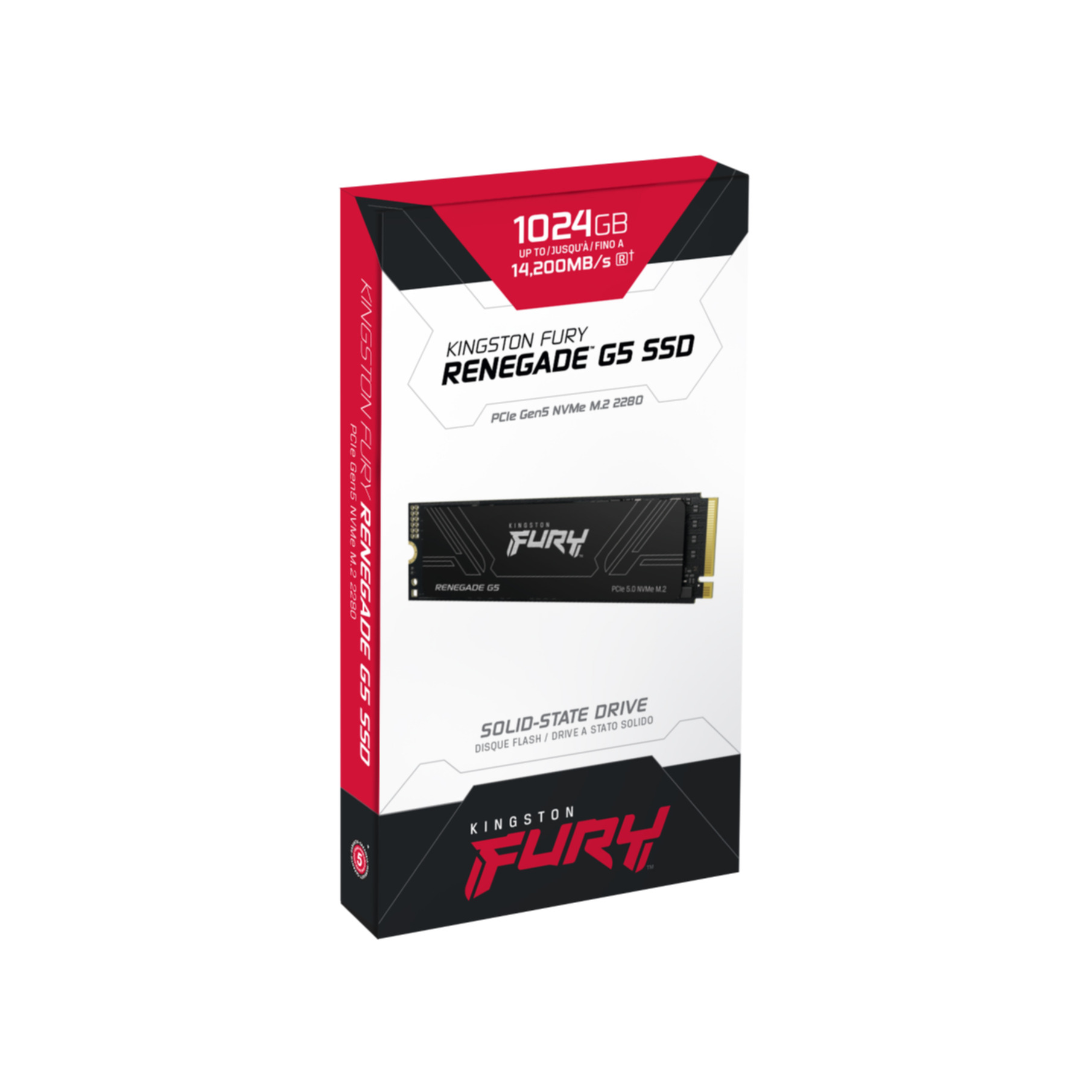 Dysk SSD Kingston FURY Renegade G5, w pudełku. Pudełko jest czerwono-czarne ze szczegółami produktu.