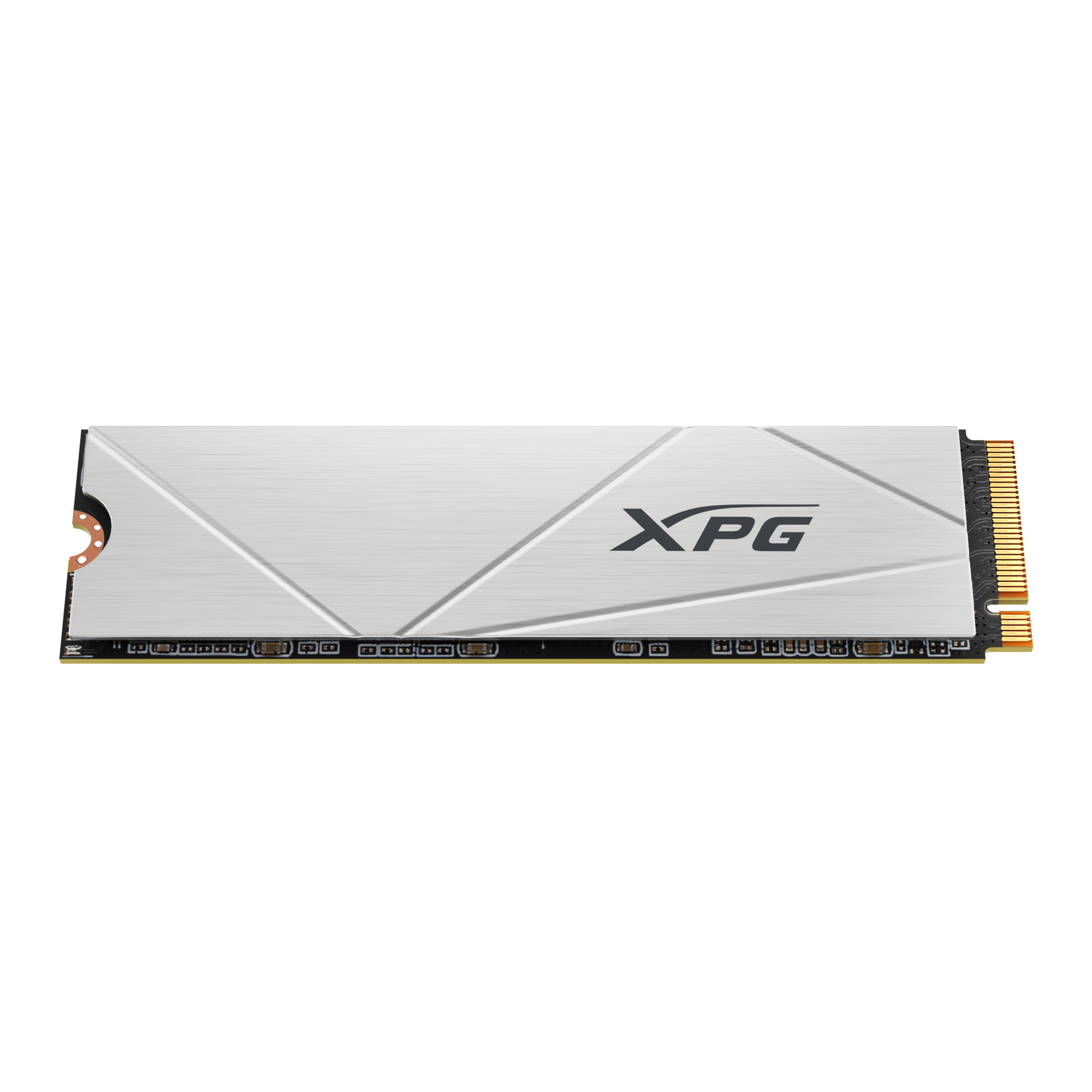 Srebrny dysk SSD XPG NVMe o eleganckim wyglądzie i logo XPG.