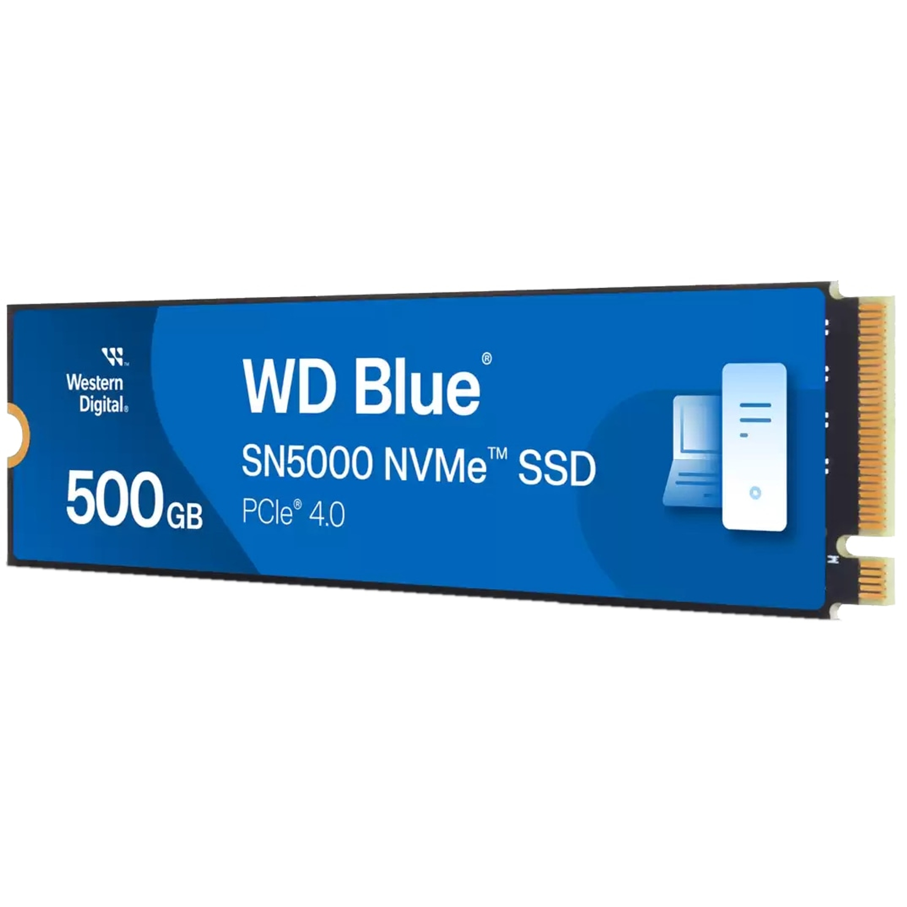 Niebieski WD Blue SN5000 NVMe SSD na białym tle, z białym tekstem.