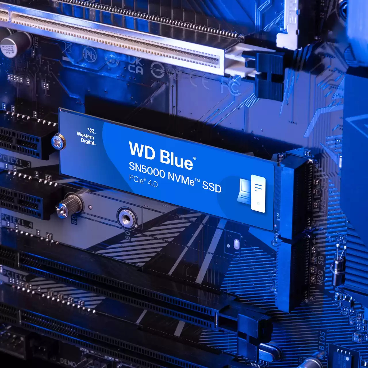 WD Blue SN5000 NVMe SSD na płycie głównej. Kolory niebieski i czarny.