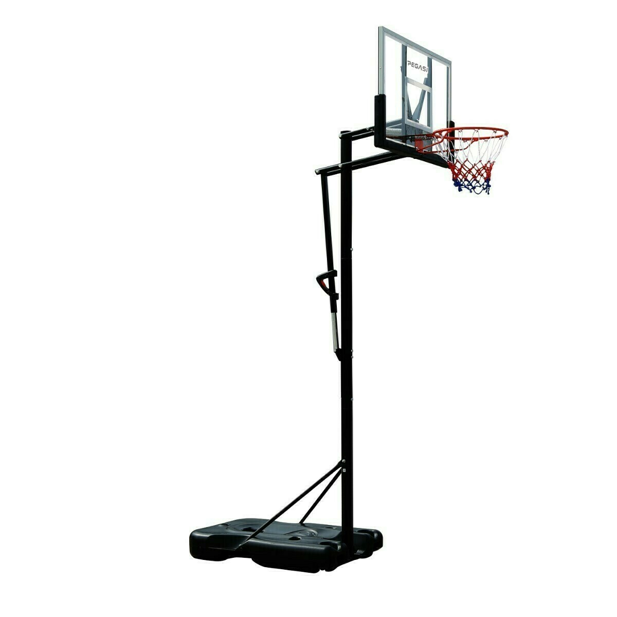 A basketball hoop on a stand. It's black with a backboard and a net.