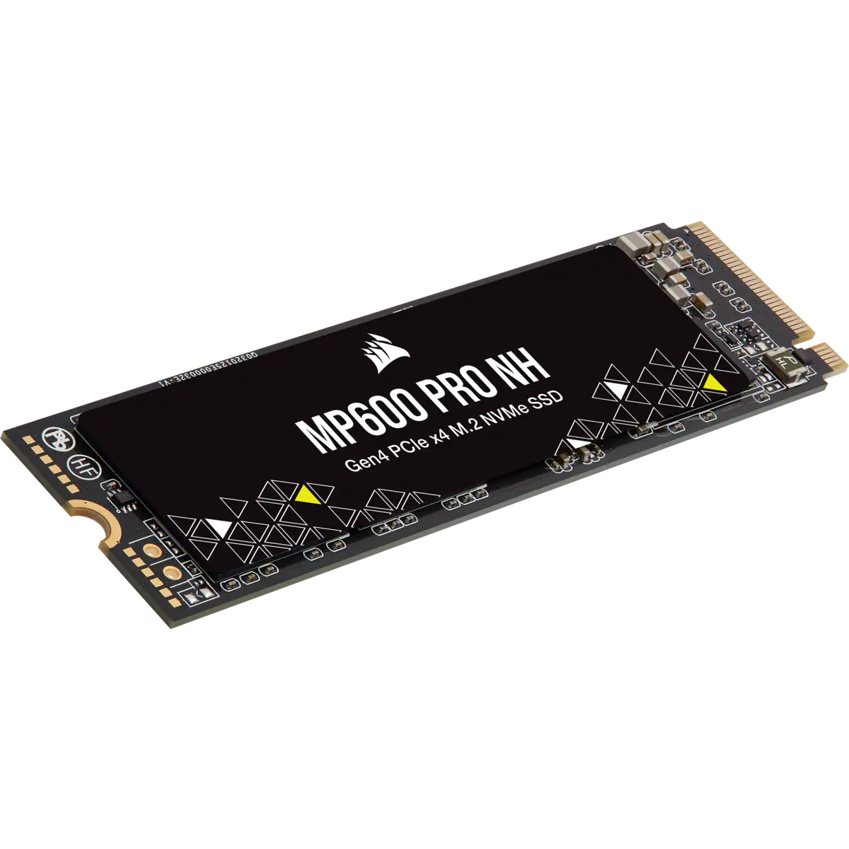 Czarny Corsair MP600 PRO NH SSD, biały tekst na czarnym tle, z białym tłem.