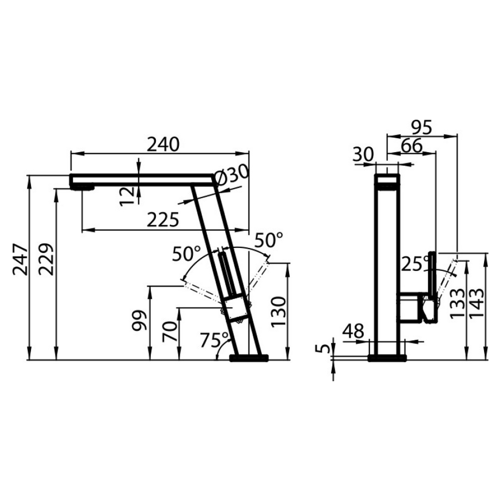 Disegno tecnico di un rubinetto da cucina, con dimensioni e misure in linee nere su bianco.