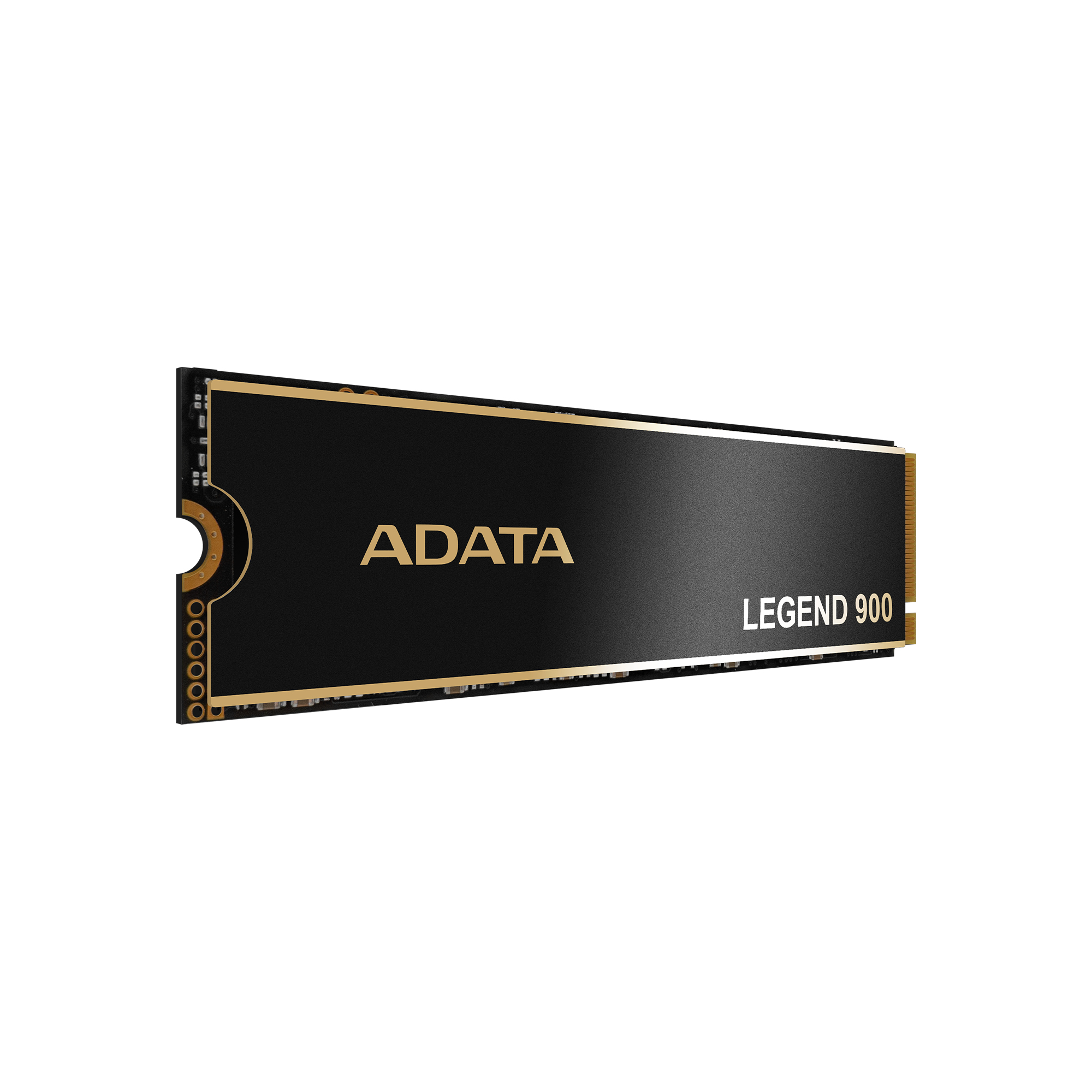 Czarny dysk SSD ADATA Legend 900 na białym tle. Złote akcenty i napisy.