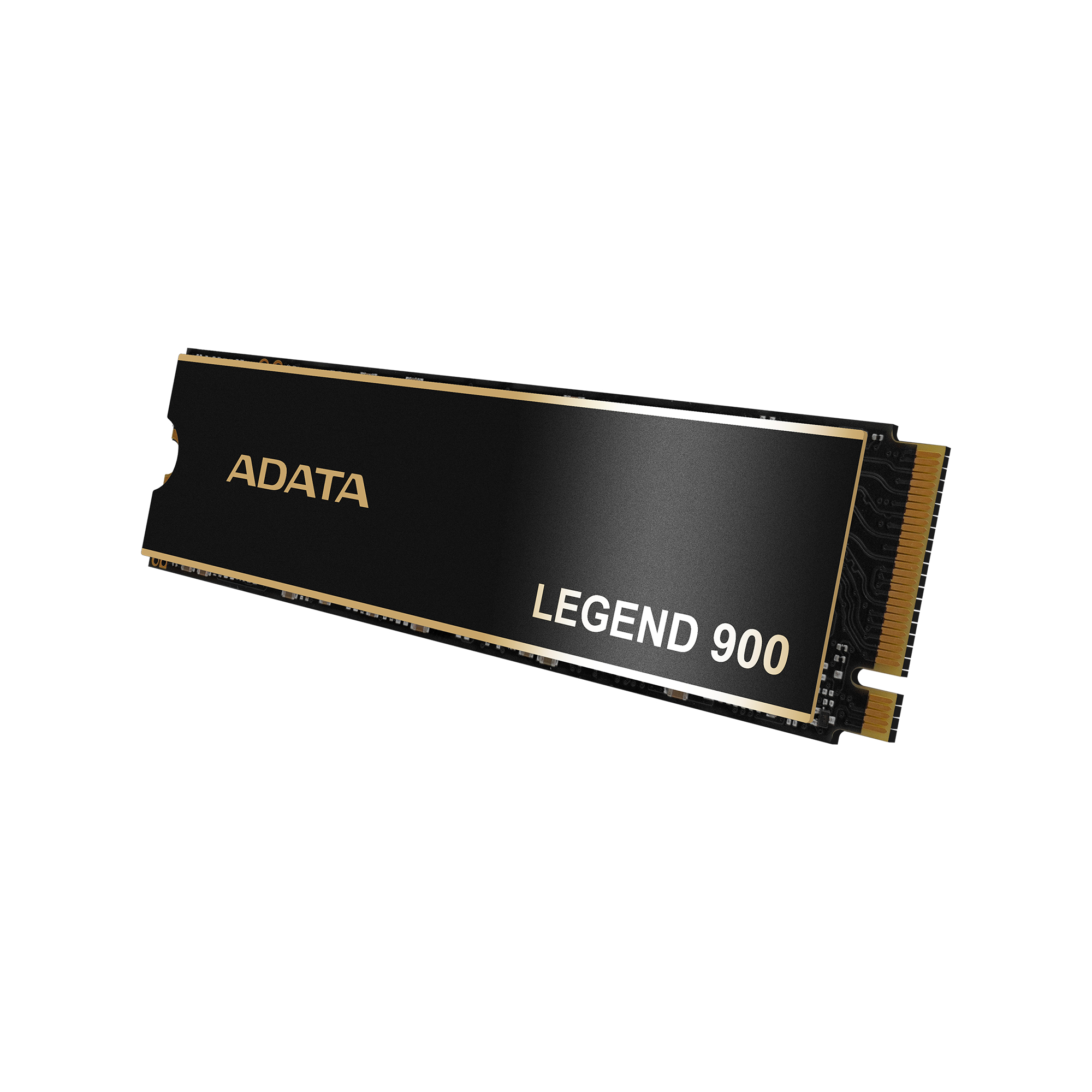 Dysk SSD ADATA Legend 900. Czarny ze złotą obwódką i tekstem, na białym tle.