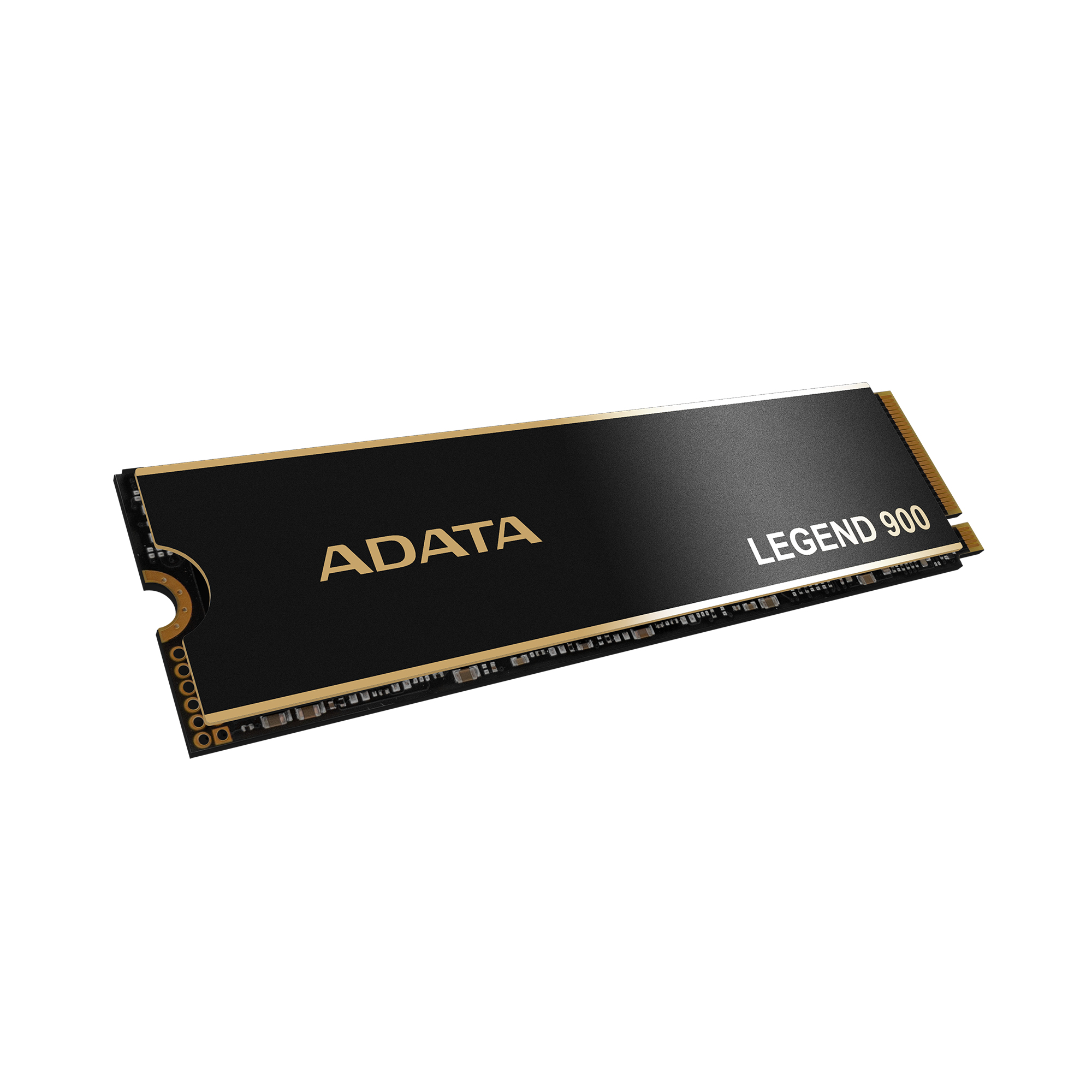ADATA Legend 900 SSD. Czarny SSD ze złotym tekstem ADATA. Izolowany na białym tle.