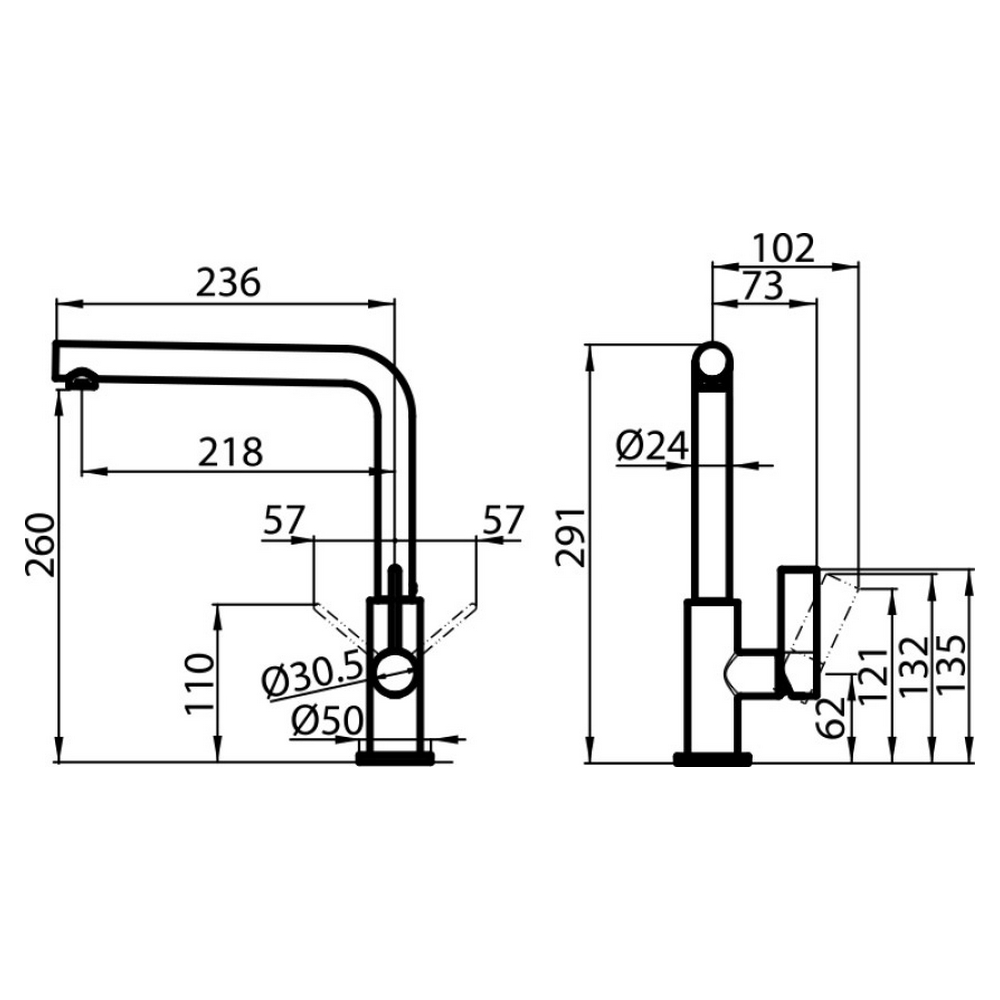 Disegno tecnico di un rubinetto da cucina, con dimensioni e misure in linee nere su bianco.