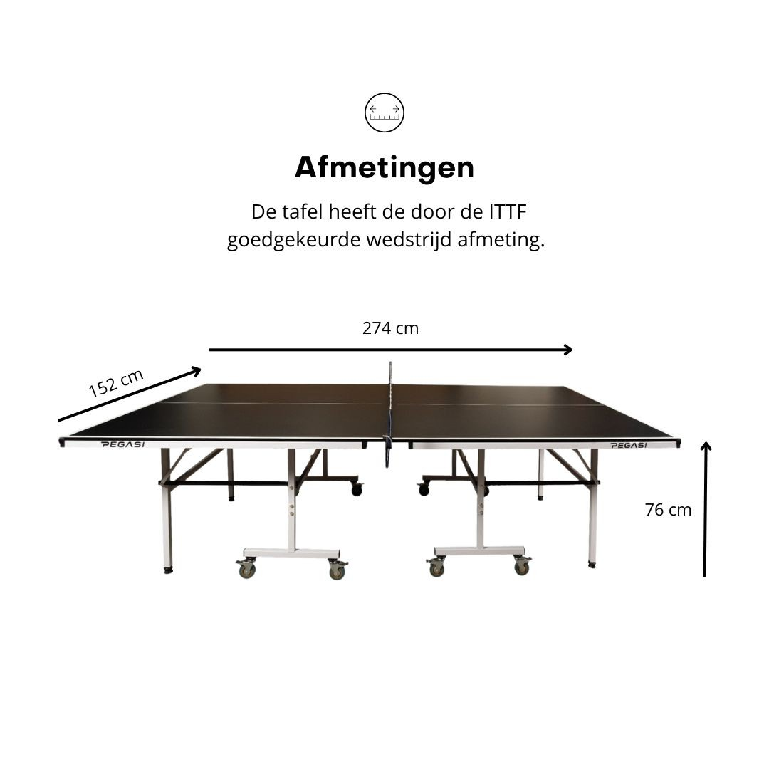 A table tennis table with measurement details. The table is black, on a white background.