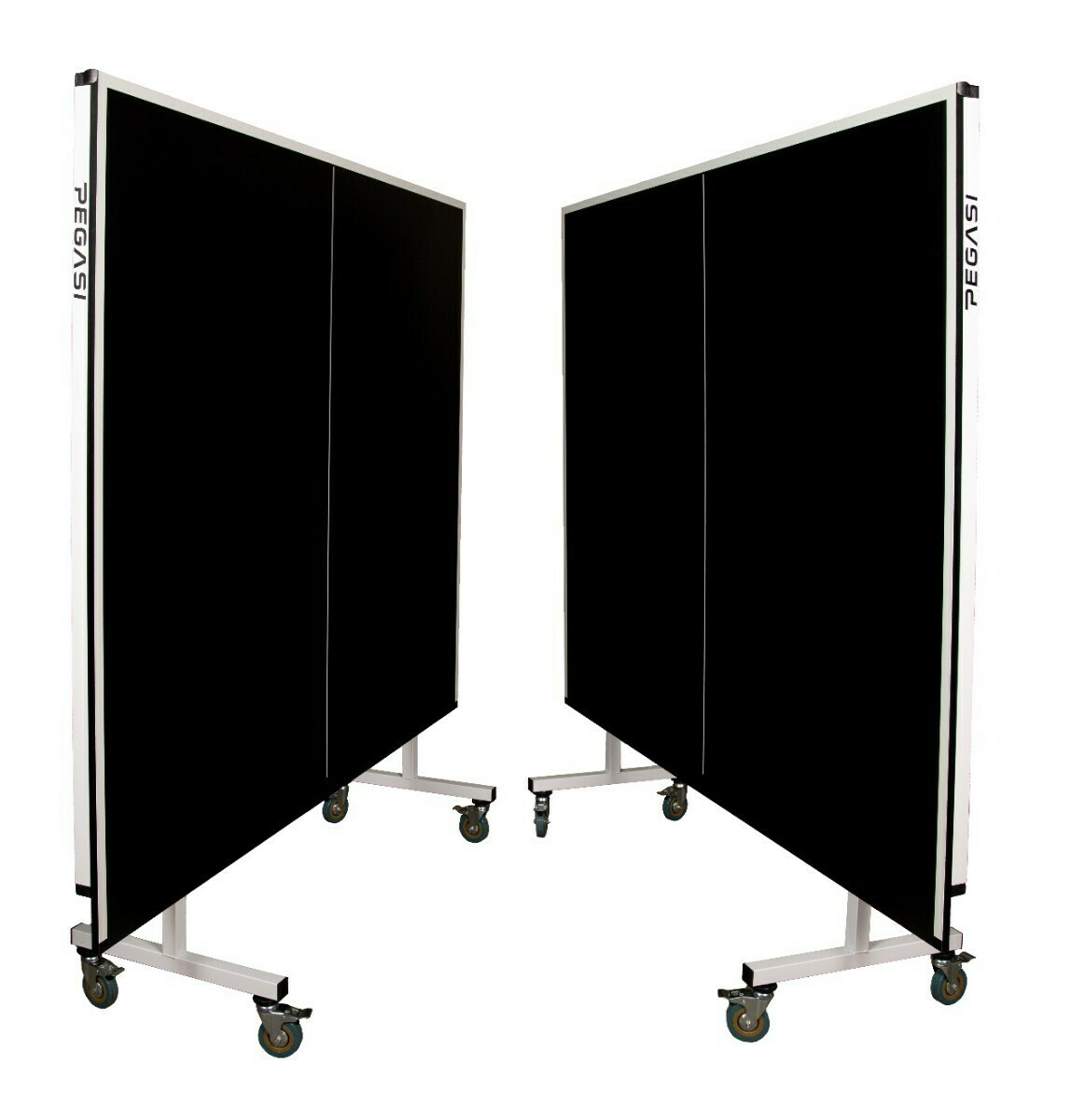 Two black ping pong tables on wheels, with white frames and the word Pegasi.