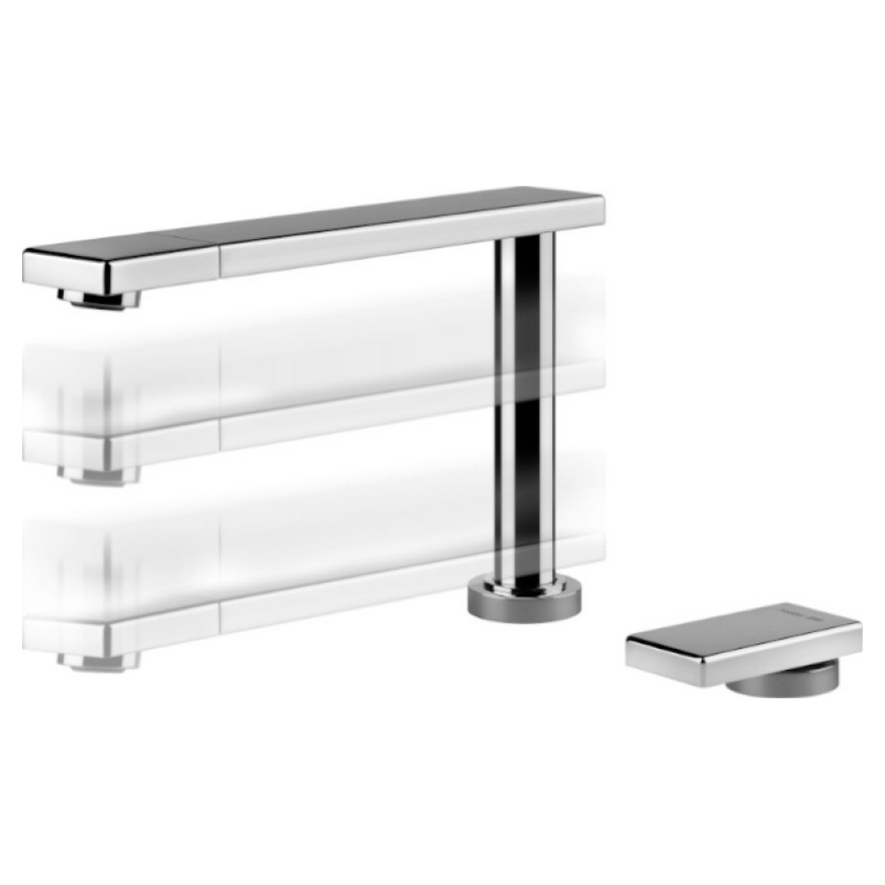 Un rubinetto cromato dal design rettangolare, con maniglia separata, sfondo bianco.