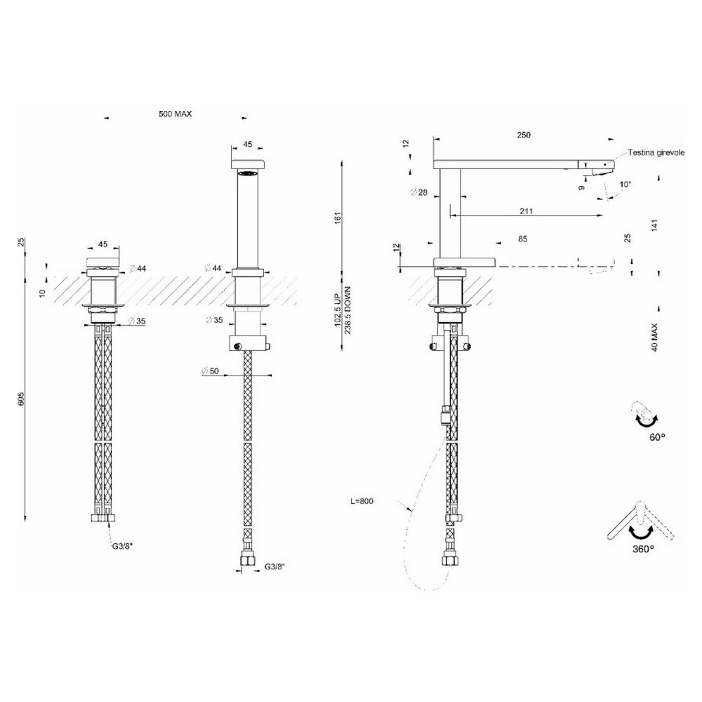 Disegno tecnico di un rubinetto da cucina, con dimensioni ed etichette.