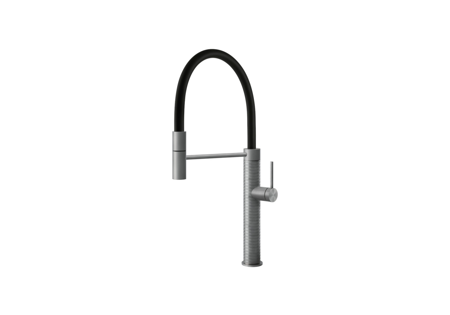 Rubinetto da cucina moderno con tubo flessibile nero e corpo testurizzato, su sfondo bianco.