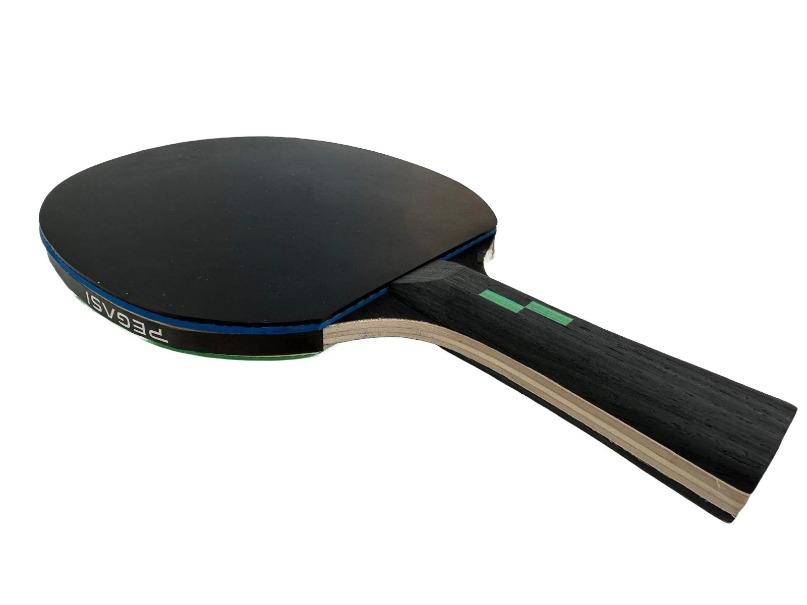 Black and green table tennis paddle. The handle is light brown. The paddle is black.