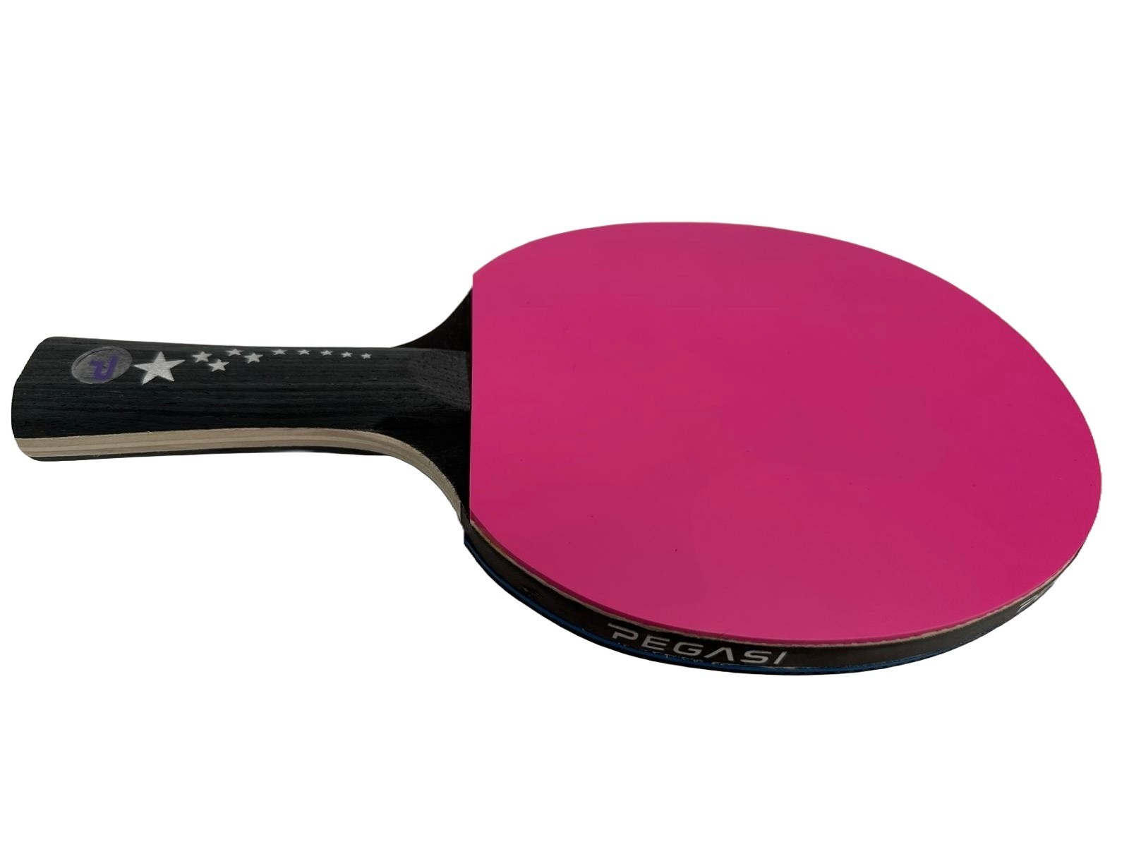 Ping pong racket with pink surface and black handle with stars.