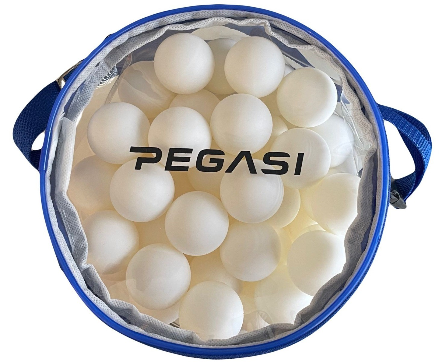 A blue bucket filled with white ping pong balls. The brand name 'PEGASI' is visible.