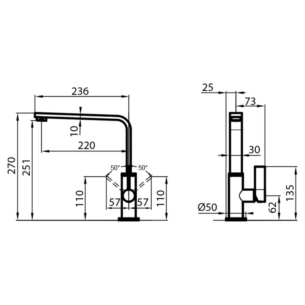 Disegno tecnico di un rubinetto da cucina con dimensioni. Viste laterale e frontale.