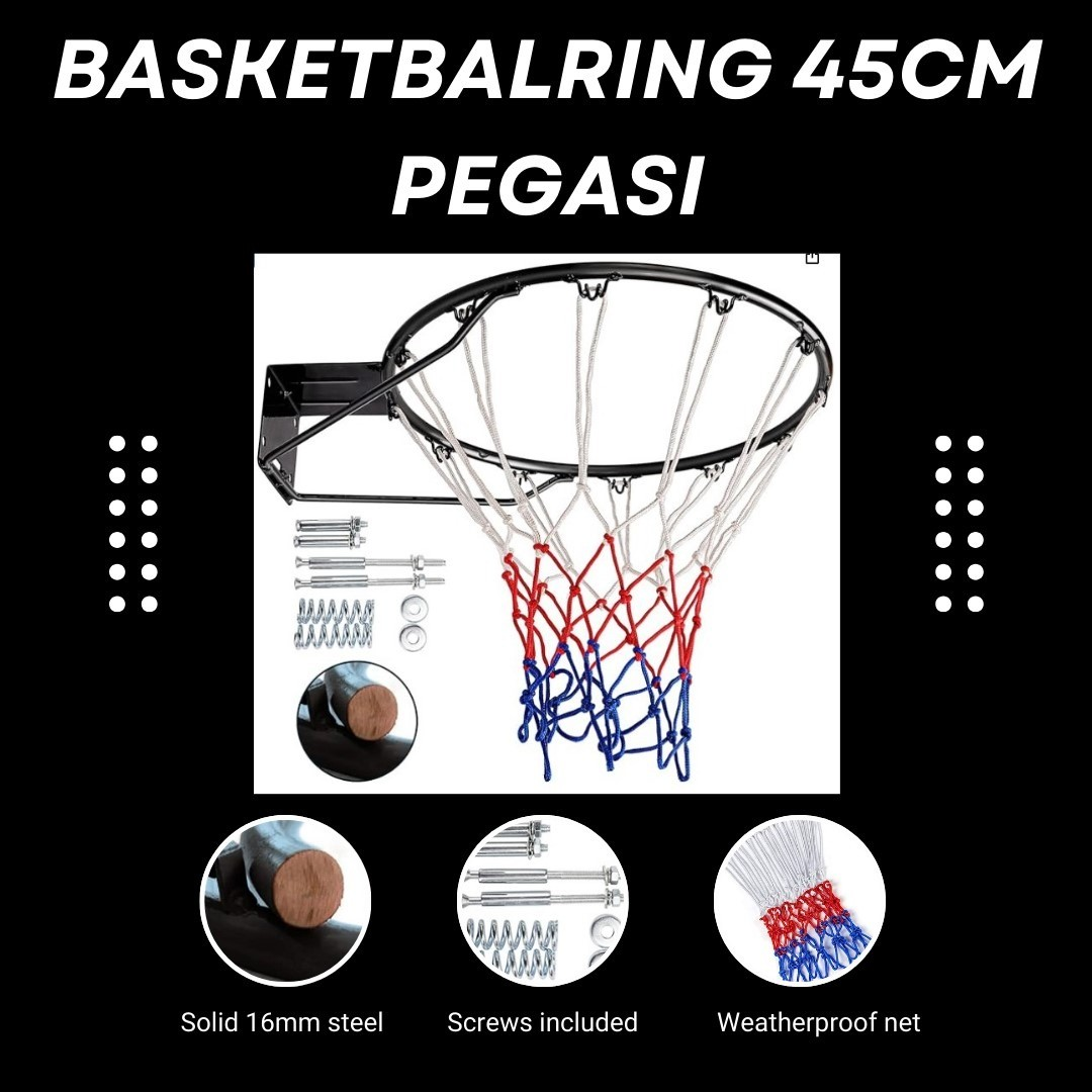 Basketbalnet met montagehardware, tekst en details op een zwarte achtergrond.