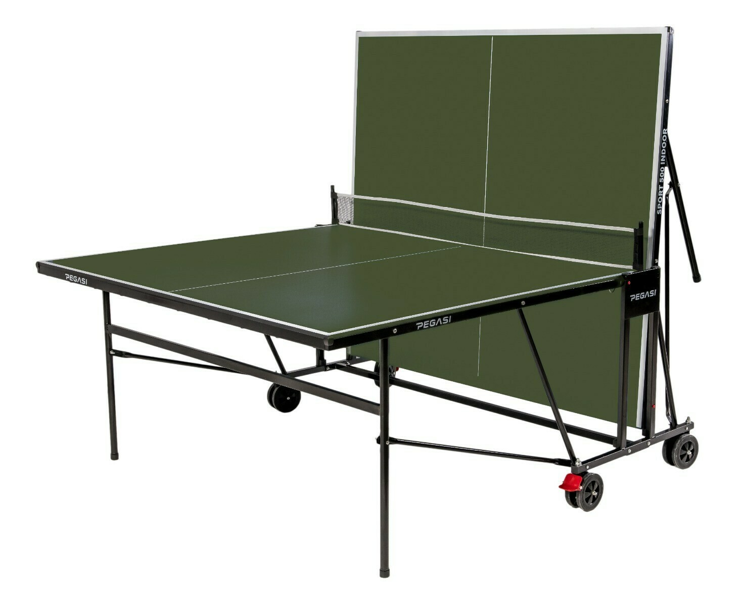 A green ping pong table with a net. It has wheels and a black frame. The table is unfolded.