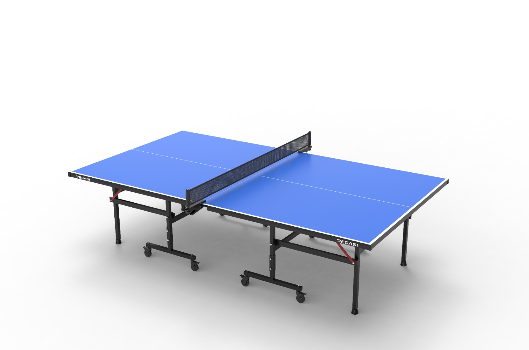 Blue ping pong table with a net, black legs and white background.