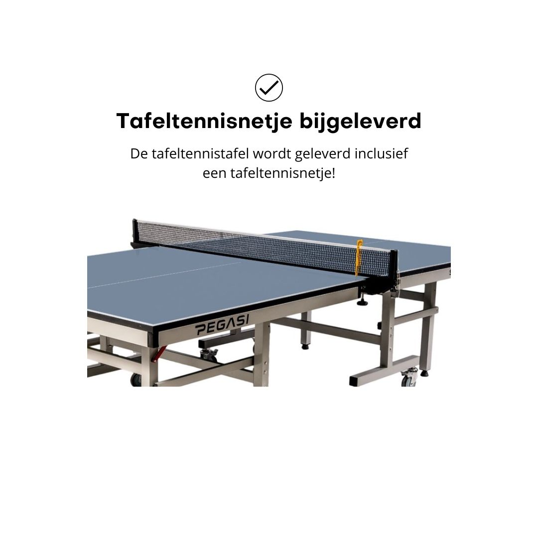 Blue table tennis table with net. Text: 'Tafeltennisnetje bijgeleverd'.