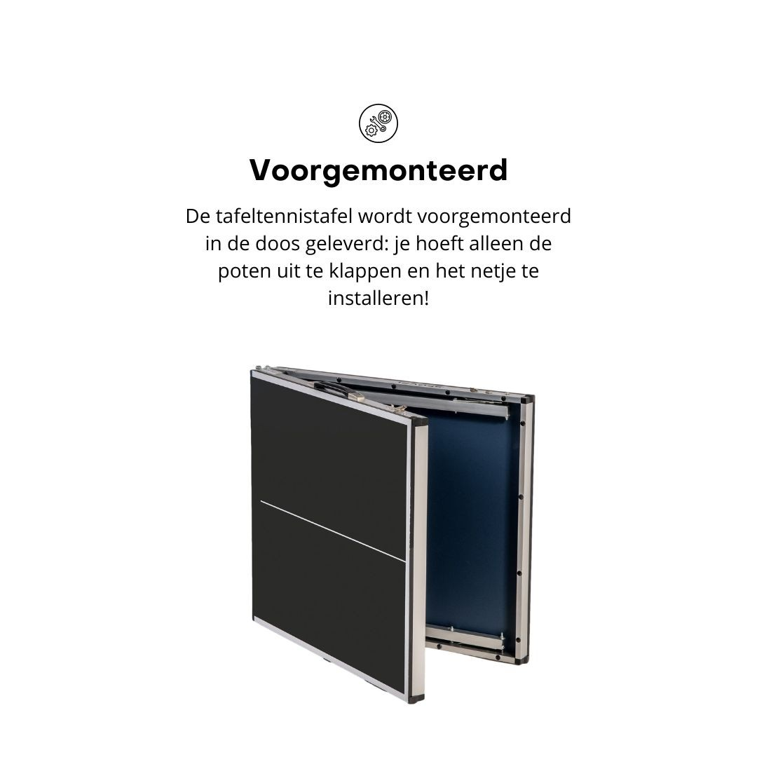 Folded ping pong table with black and blue sides, text in Dutch: 'Voorgemonteerd'.
