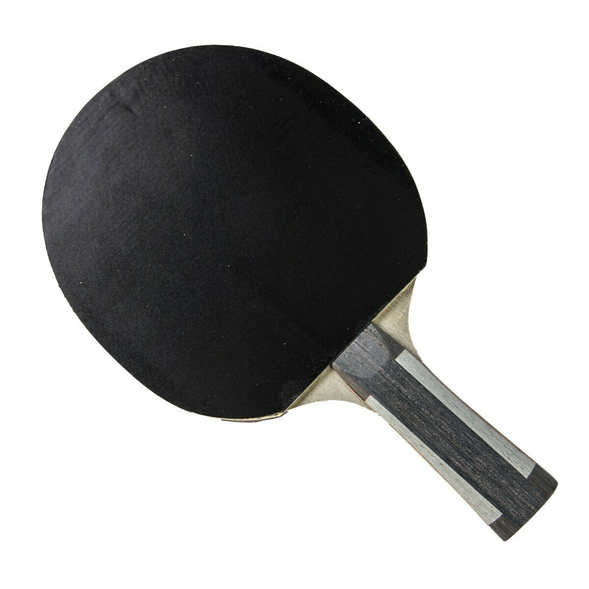 A black ping pong paddle with a black rubber surface and a gray wooden handle.