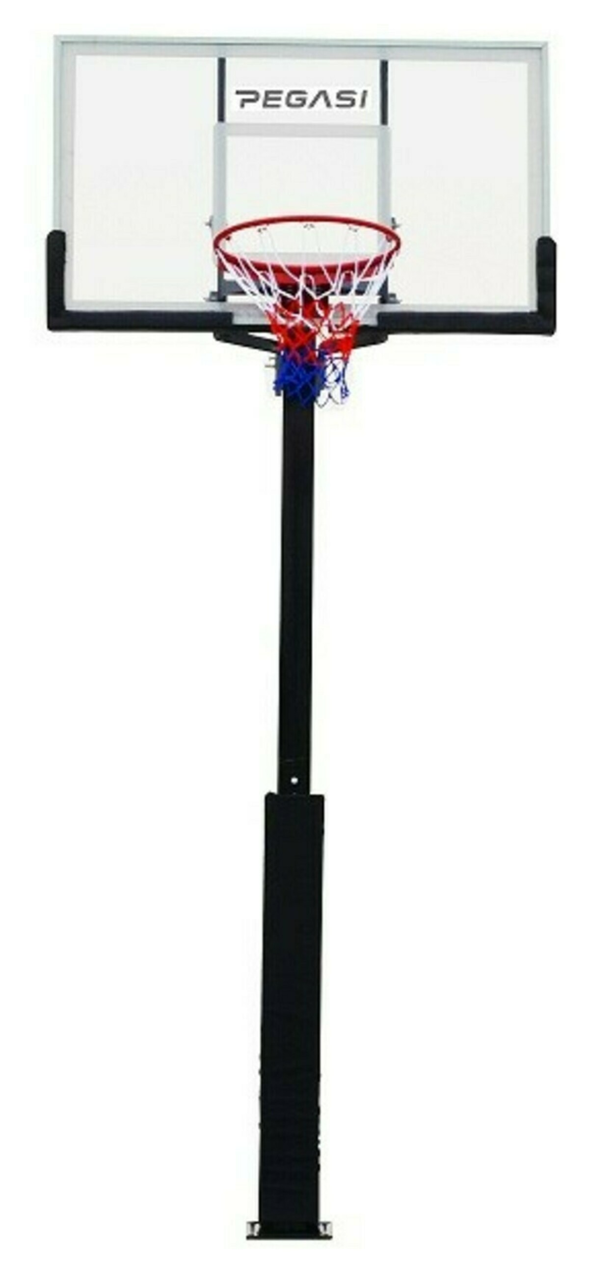 Basketball hoop on a black pole with a transparent backboard. Pegasi logo visible.