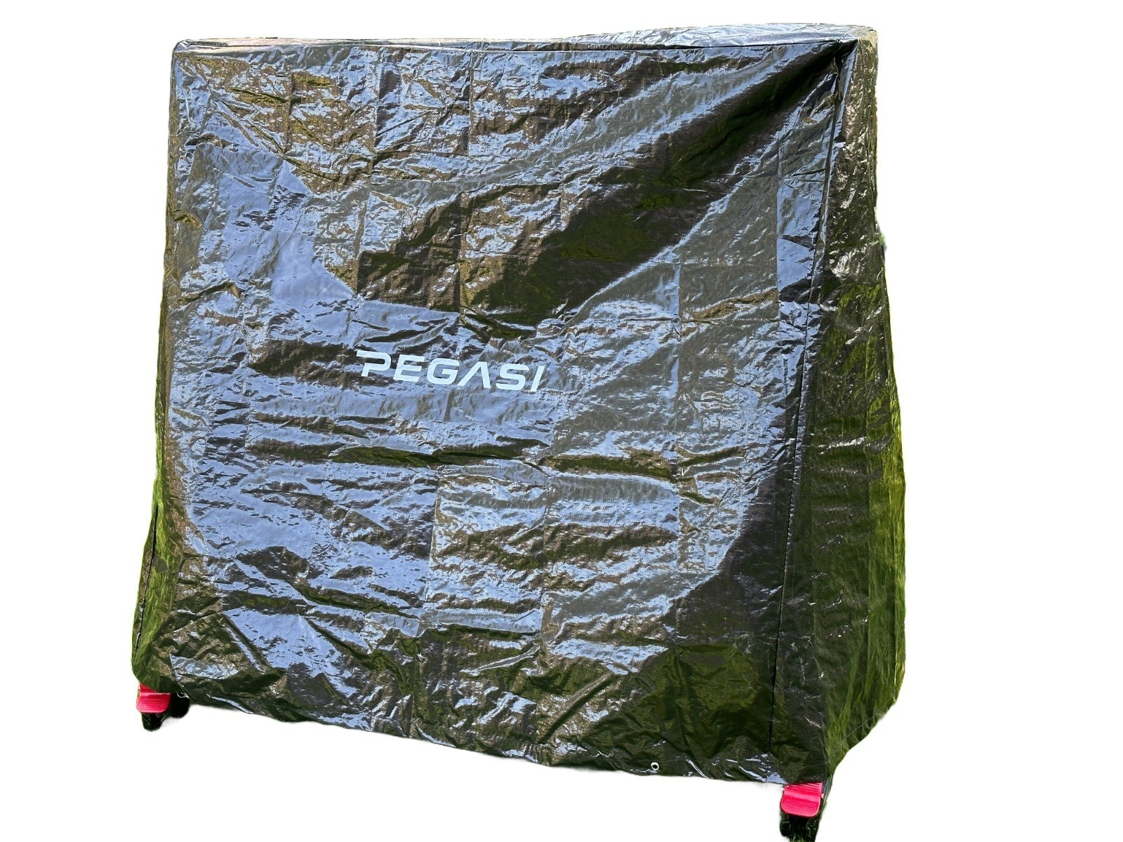 Ping pong table covered with a black protective cover. Pegasi logo visible. White background.