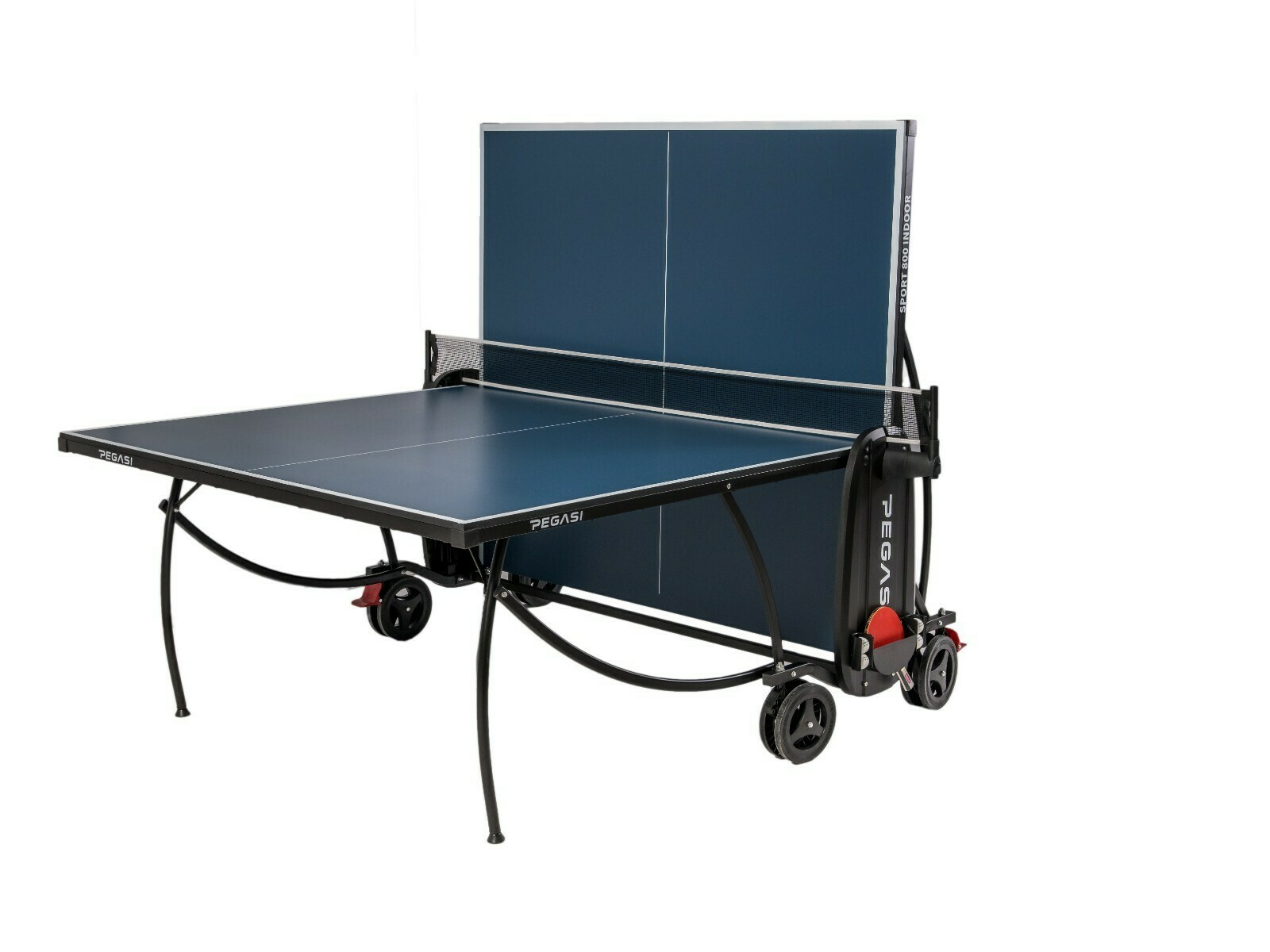 Ping pong table folded with wheels. Black top, blue side. Pegasi logo. White background.