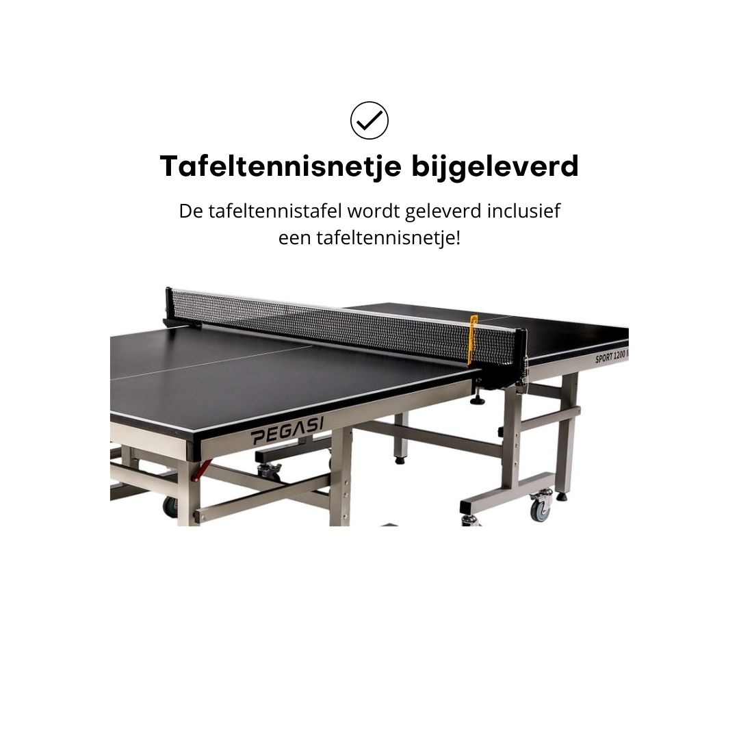 Table tennis table with net attached. Text about table net included.