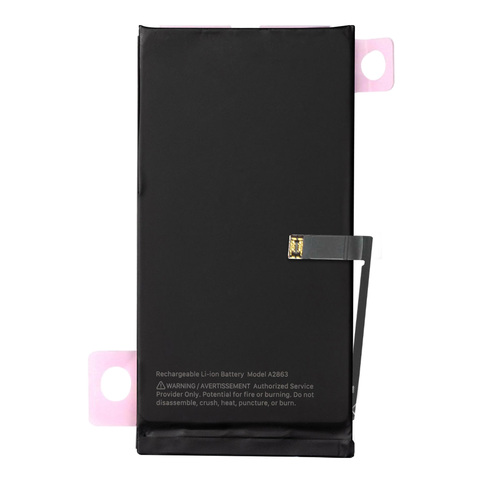 Batteria del telefono nera con l'etichetta 'Rechargeable Li-ion Battery'. Adesivi rosa.